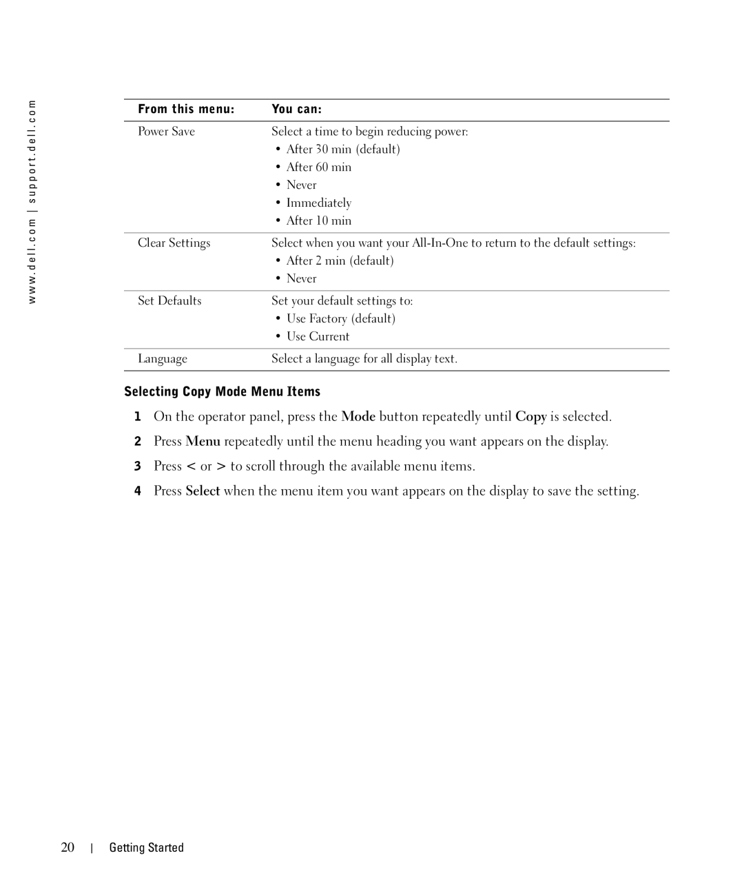 Dell 962 manual Selecting Copy Mode Menu Items 