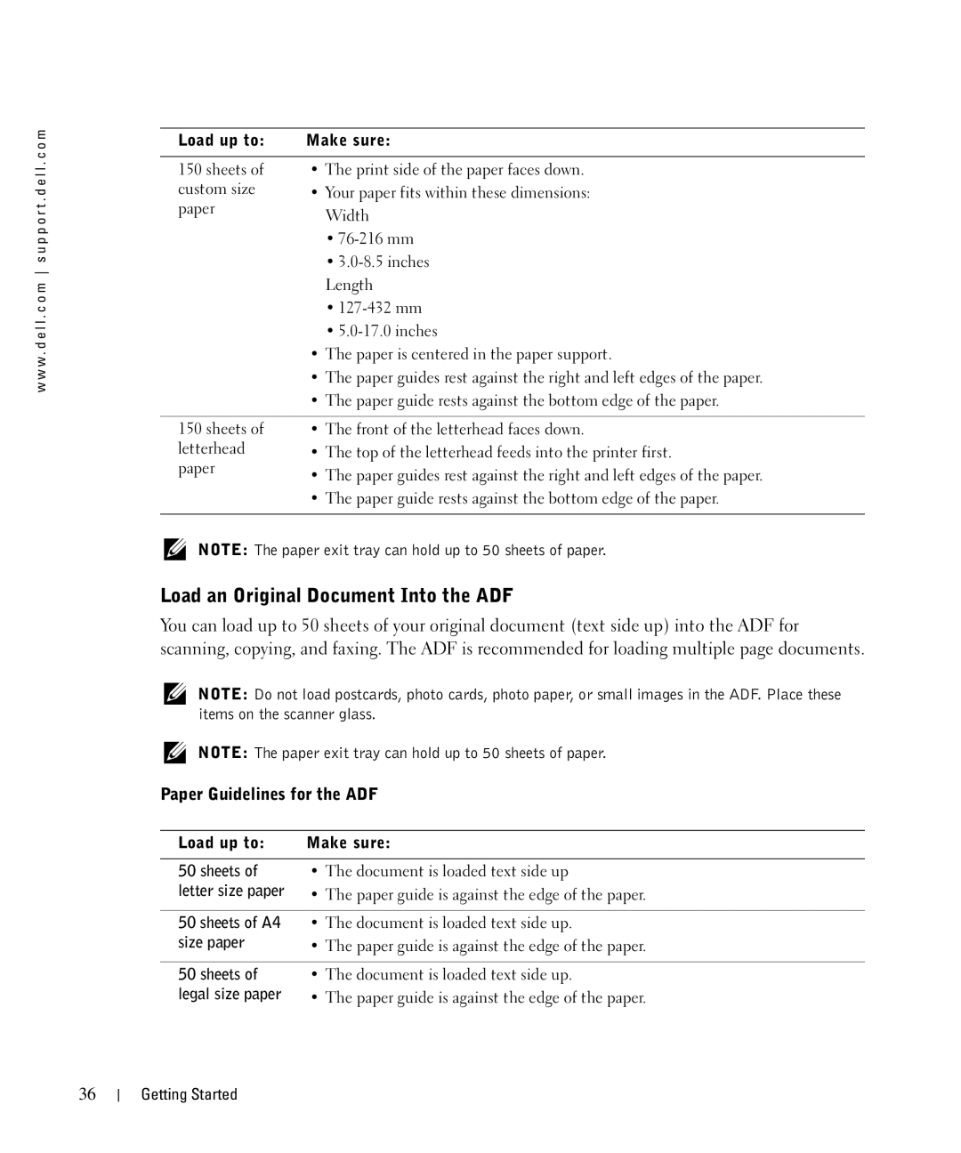 Dell 962 manual Load an Original Document Into the ADF, Paper Guidelines for the ADF 