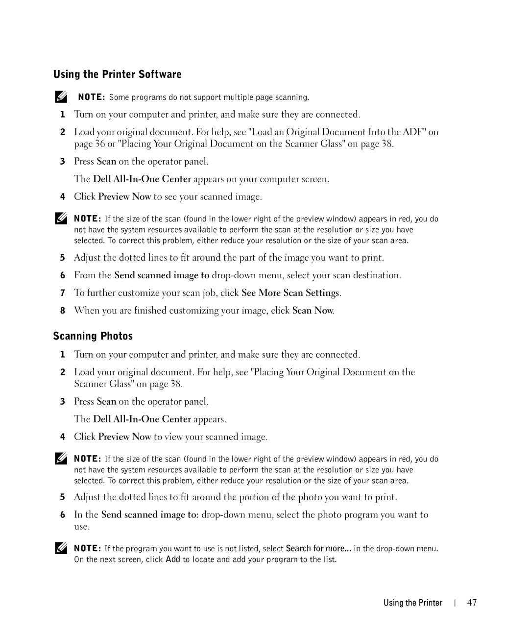 Dell 962 manual Using the Printer Software, Scanning Photos 