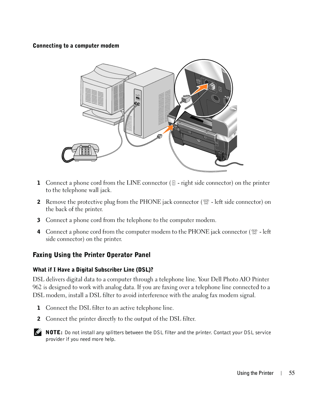 Dell 962 manual Faxing Using the Printer Operator Panel, Connecting to a computer modem 