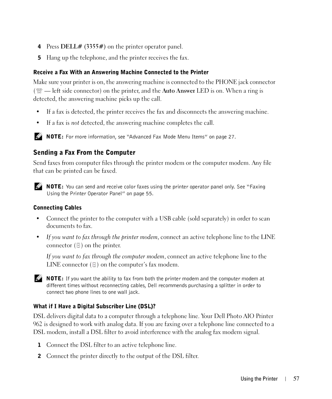 Dell 962 manual Sending a Fax From the Computer, Connecting Cables 