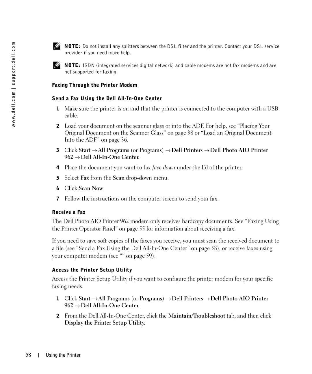 Dell 962 manual Faxing Through the Printer Modem, Send a Fax Using the Dell All-In-One Center, Receive a Fax 