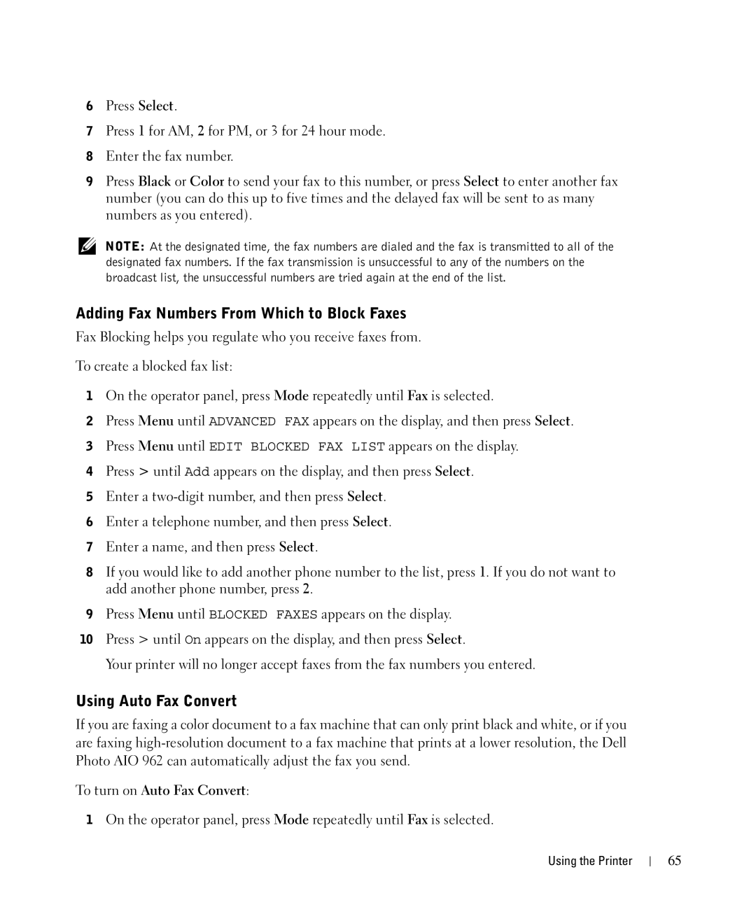 Dell 962 manual Adding Fax Numbers From Which to Block Faxes, Using Auto Fax Convert, To turn on Auto Fax Convert 