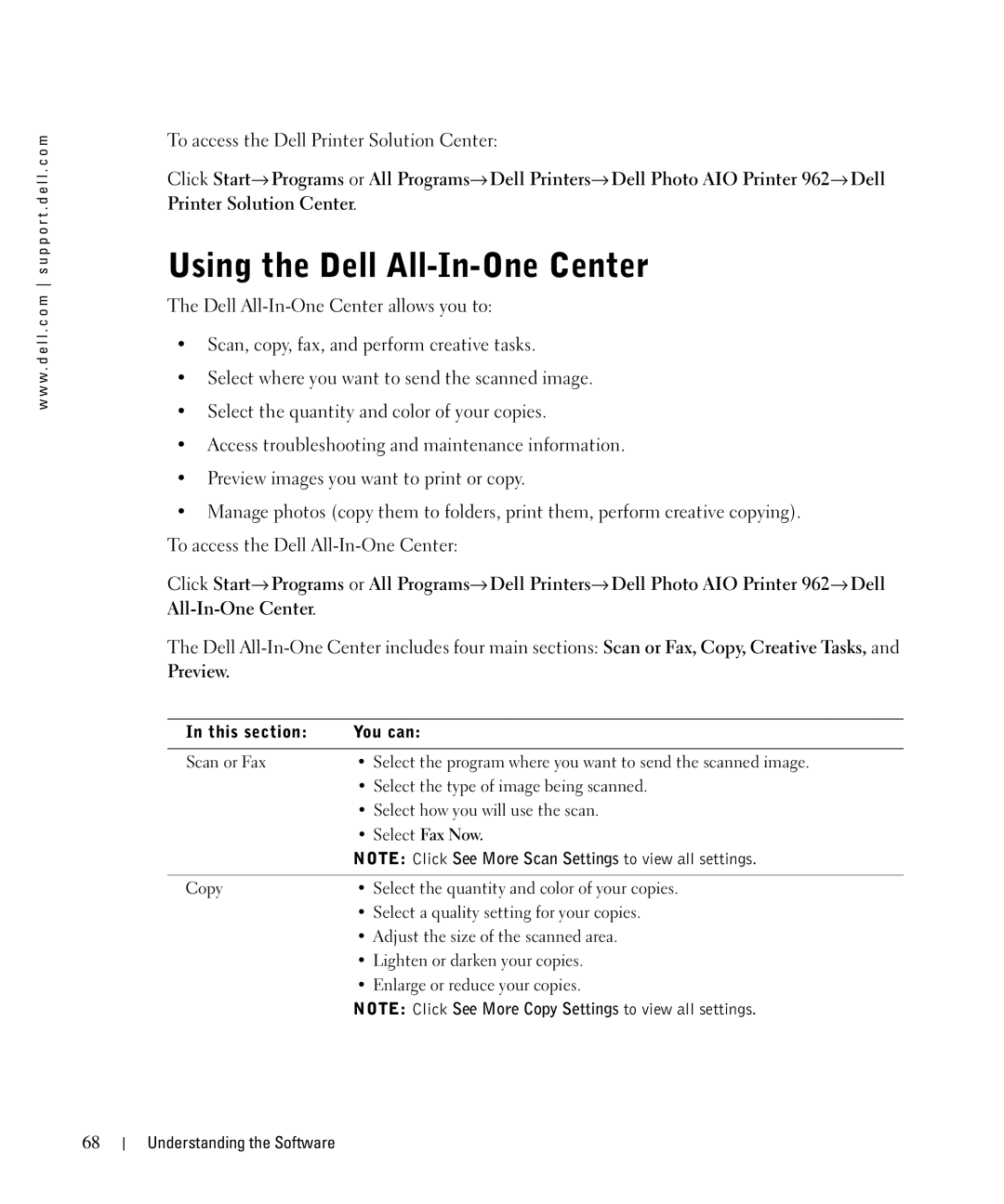 Dell 962 manual Using the Dell All-In-One Center, To access the Dell Printer Solution Center, Preview, This section You can 