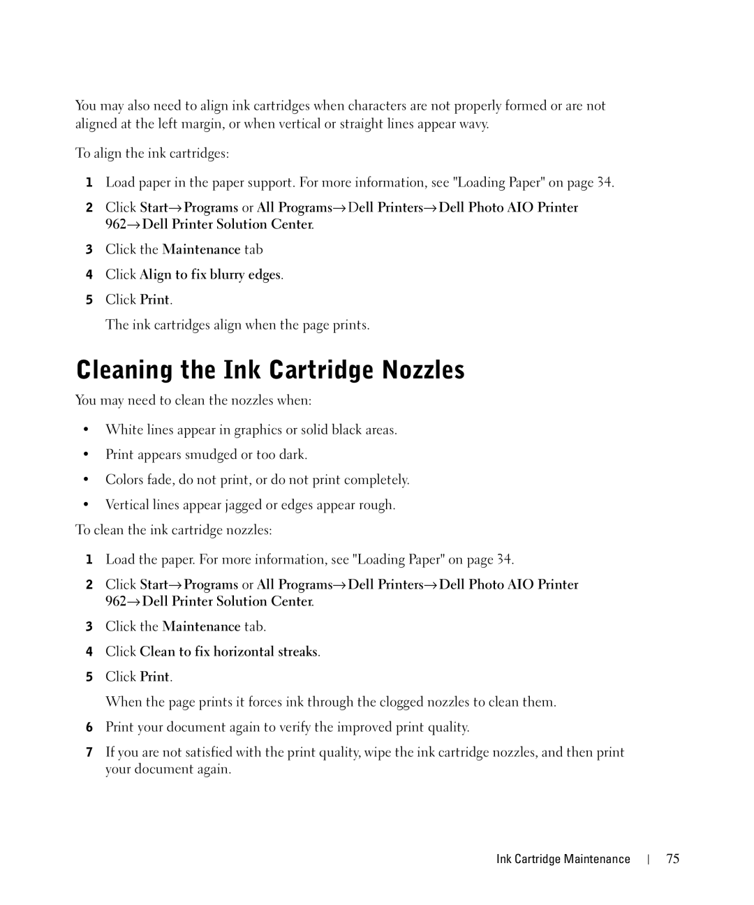 Dell 962 manual Cleaning the Ink Cartridge Nozzles, Click the Maintenance tab, Click Align to fix blurry edges 