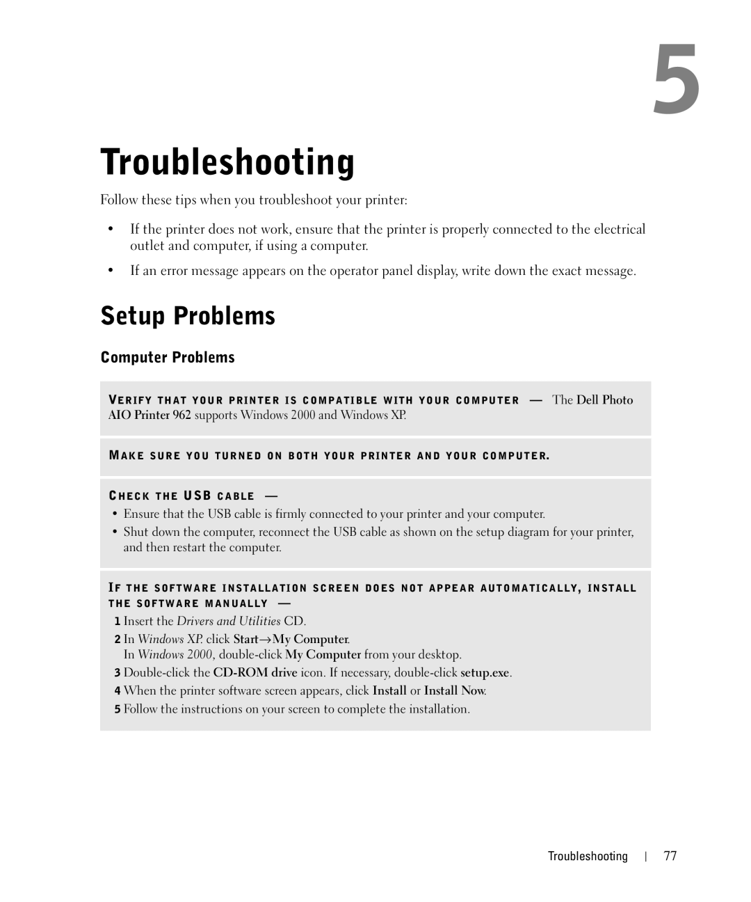 Dell 962 manual Setup Problems, Computer Problems, Windows XP. click Start→ My Computer 