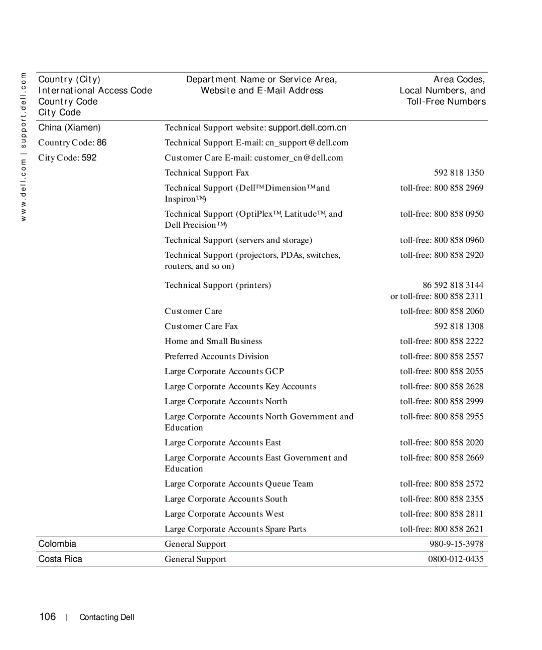 Dell 964 owner manual 106, China Xiamen, Colombia, Costa Rica 