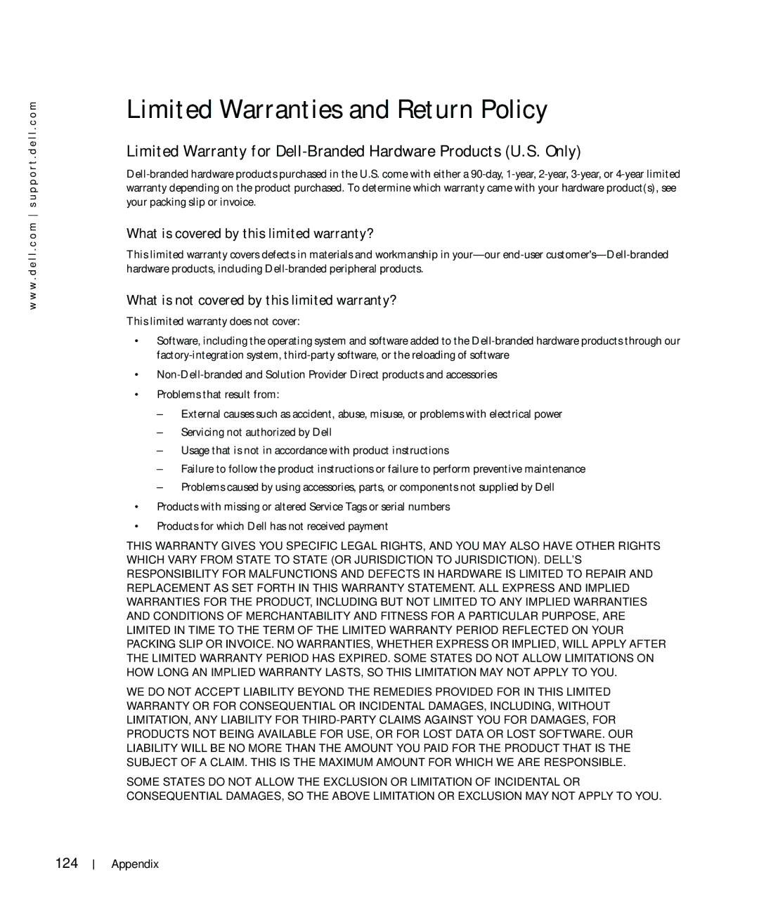 Dell 964 owner manual Limited Warranties and Return Policy, What is covered by this limited warranty?, 124 