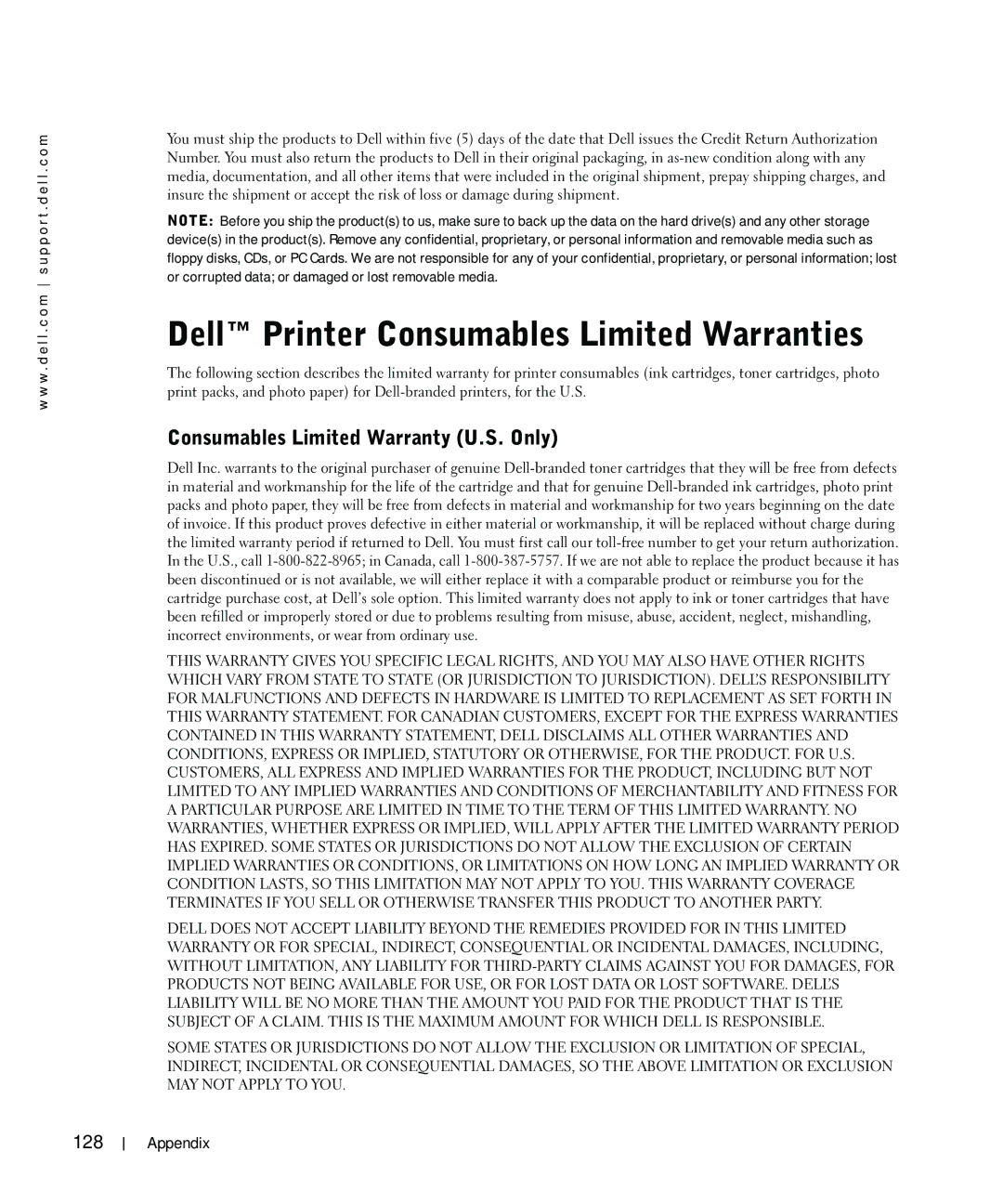 Dell 964 owner manual Dell Printer Consumables Limited Warranties, Consumables Limited Warranty U.S. Only, 128 