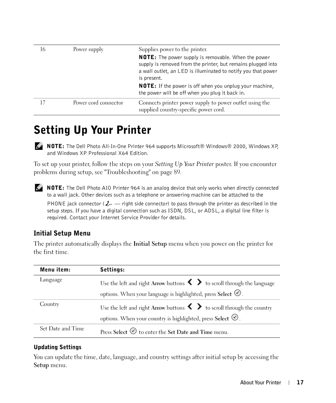 Dell 964 owner manual Setting Up Your Printer, Initial Setup Menu, Updating Settings, Setup menu, Menu item Settings 