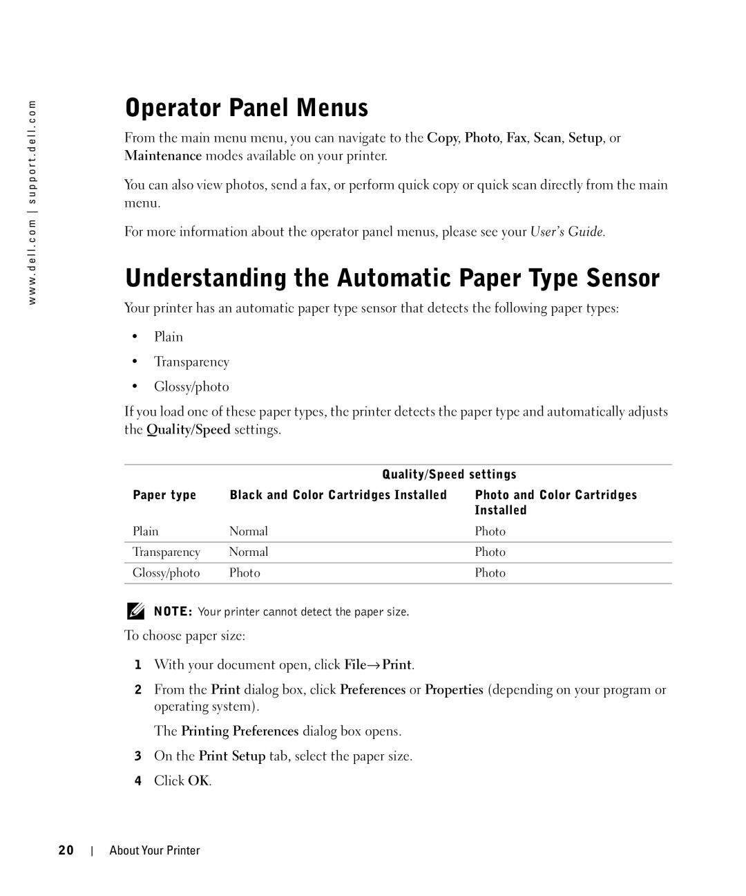 Dell 964 owner manual Operator Panel Menus, Understanding the Automatic Paper Type Sensor, Quality/Speed settings 