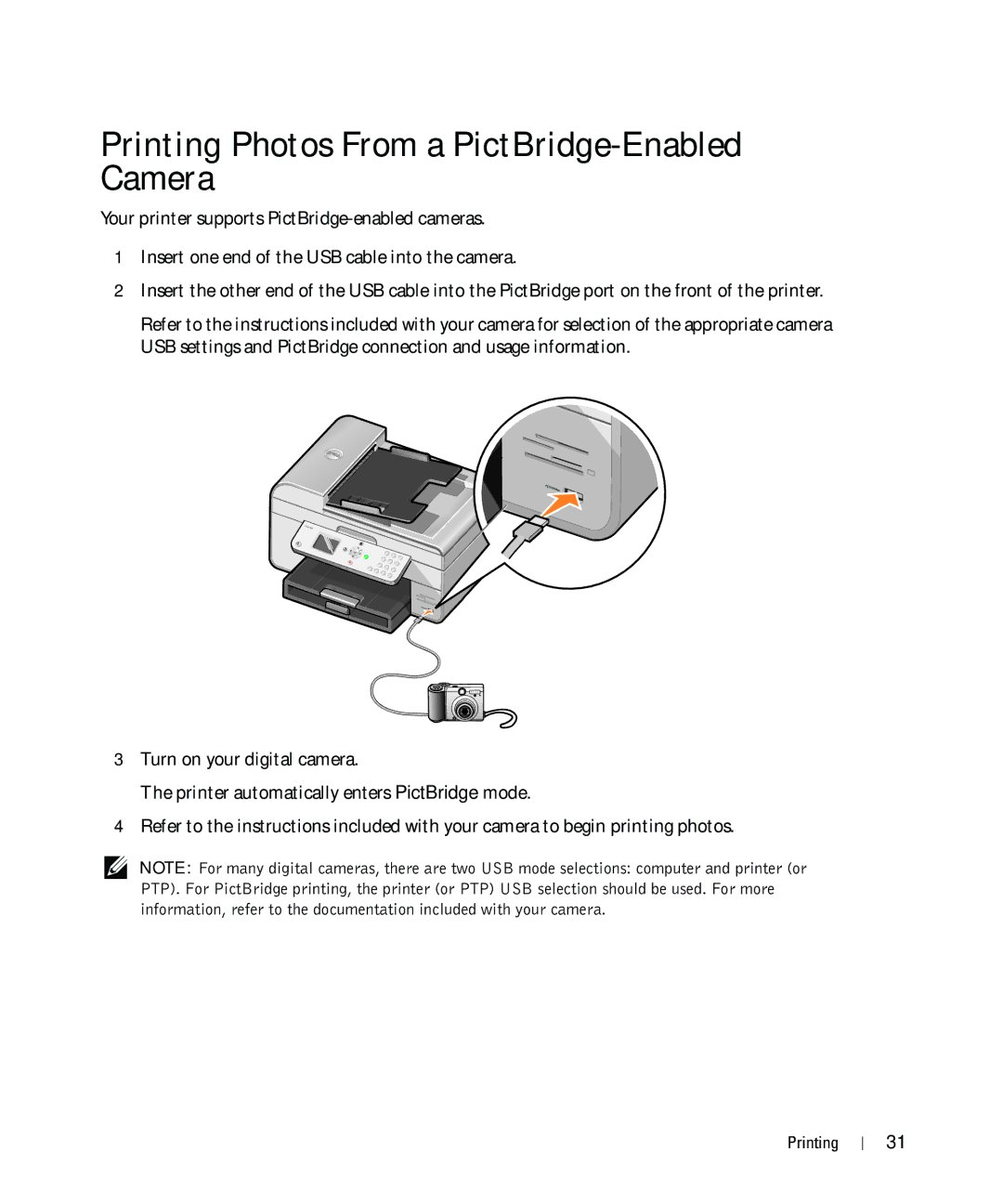 Dell 964 owner manual Printing Photos From a PictBridge-Enabled Camera 