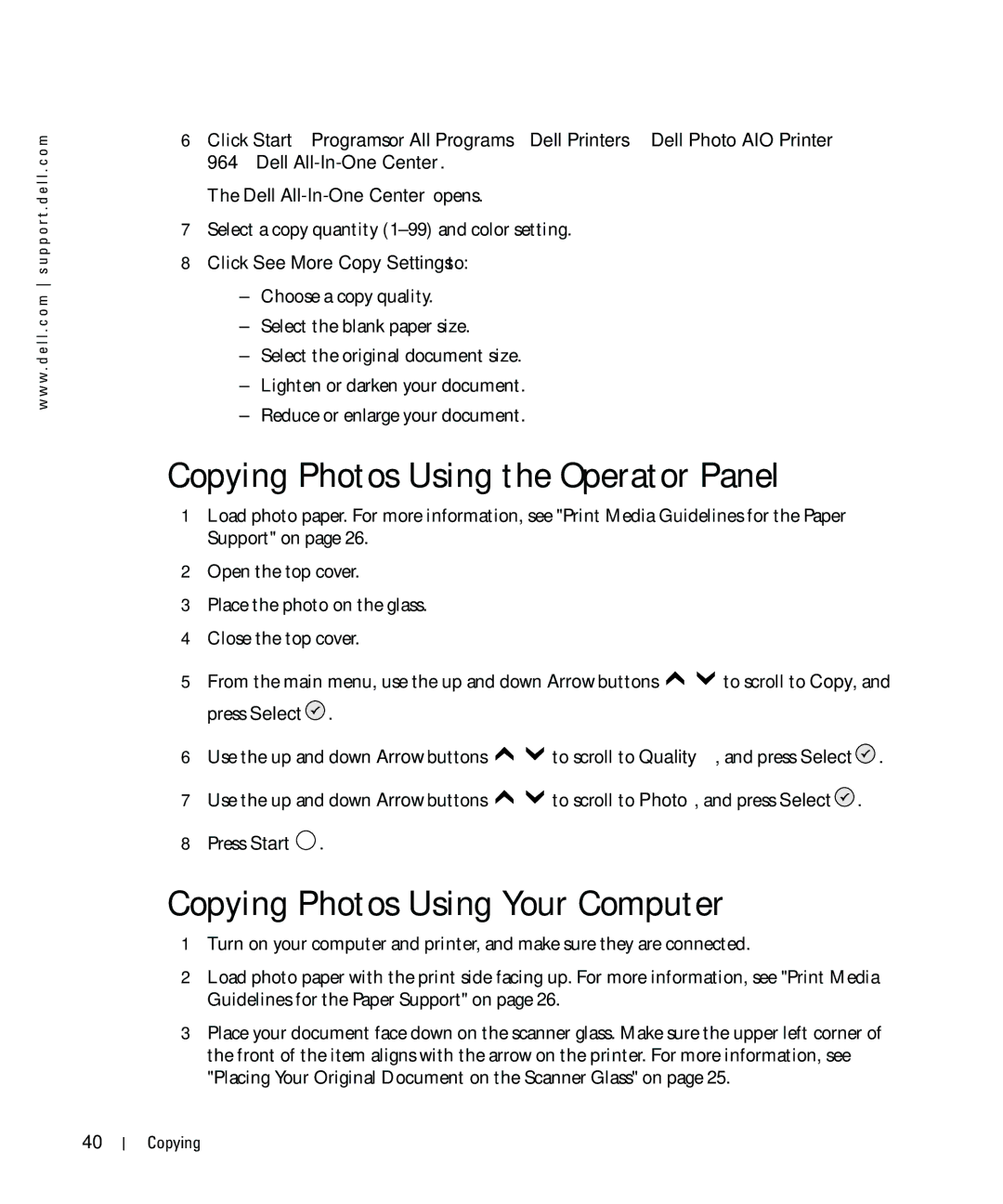 Dell 964 Copying Photos Using the Operator Panel, Copying Photos Using Your Computer, Click See More Copy Settings to 