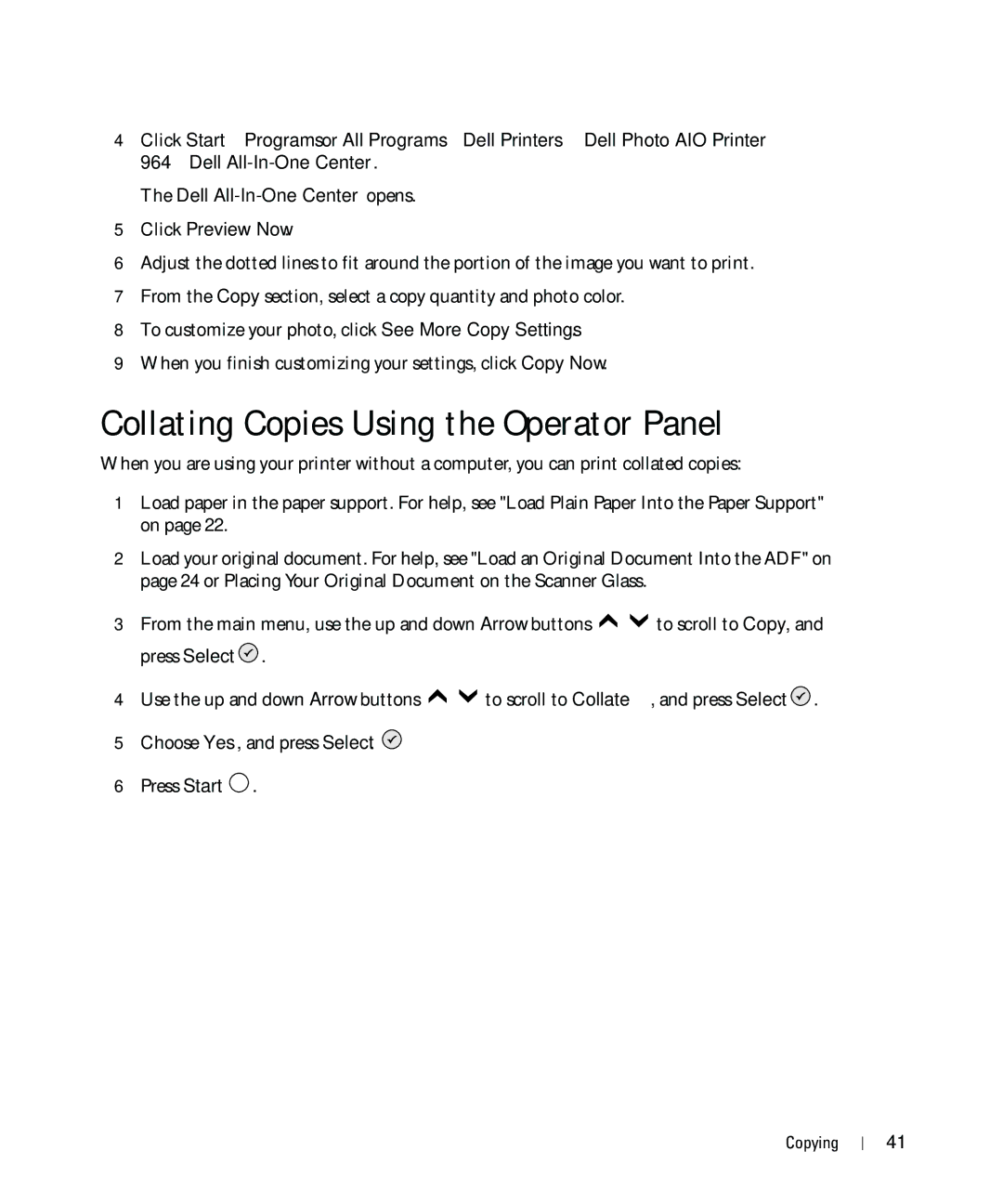 Dell 964 owner manual Collating Copies Using the Operator Panel 