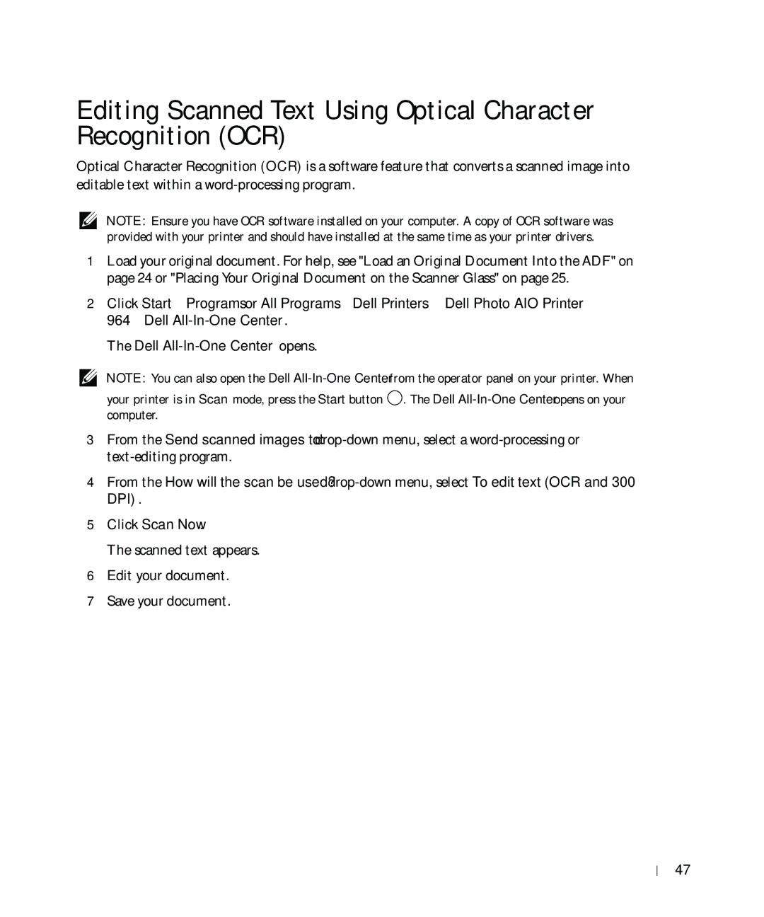 Dell 964 owner manual Editing Scanned Text Using Optical Character Recognition OCR 