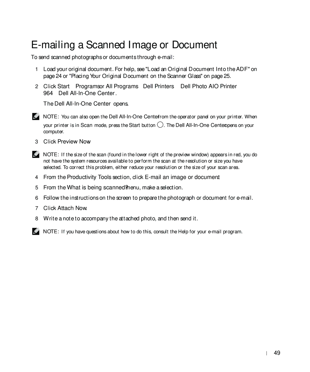 Dell 964 owner manual Mailing a Scanned Image or Document, Click Attach Now 