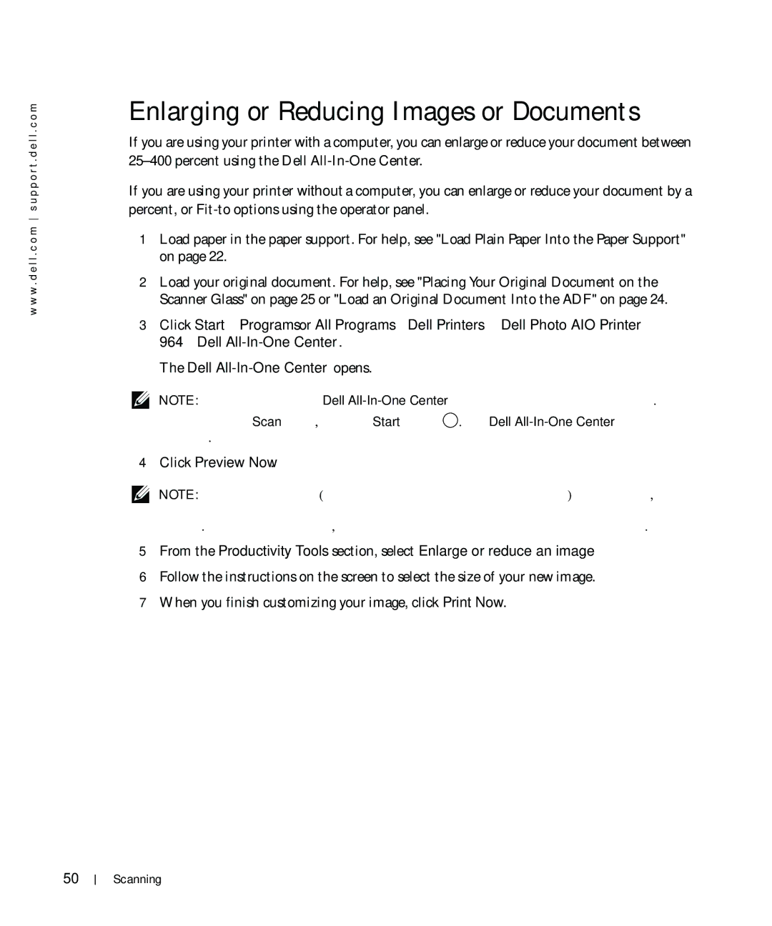 Dell 964 owner manual Enlarging or Reducing Images or Documents 