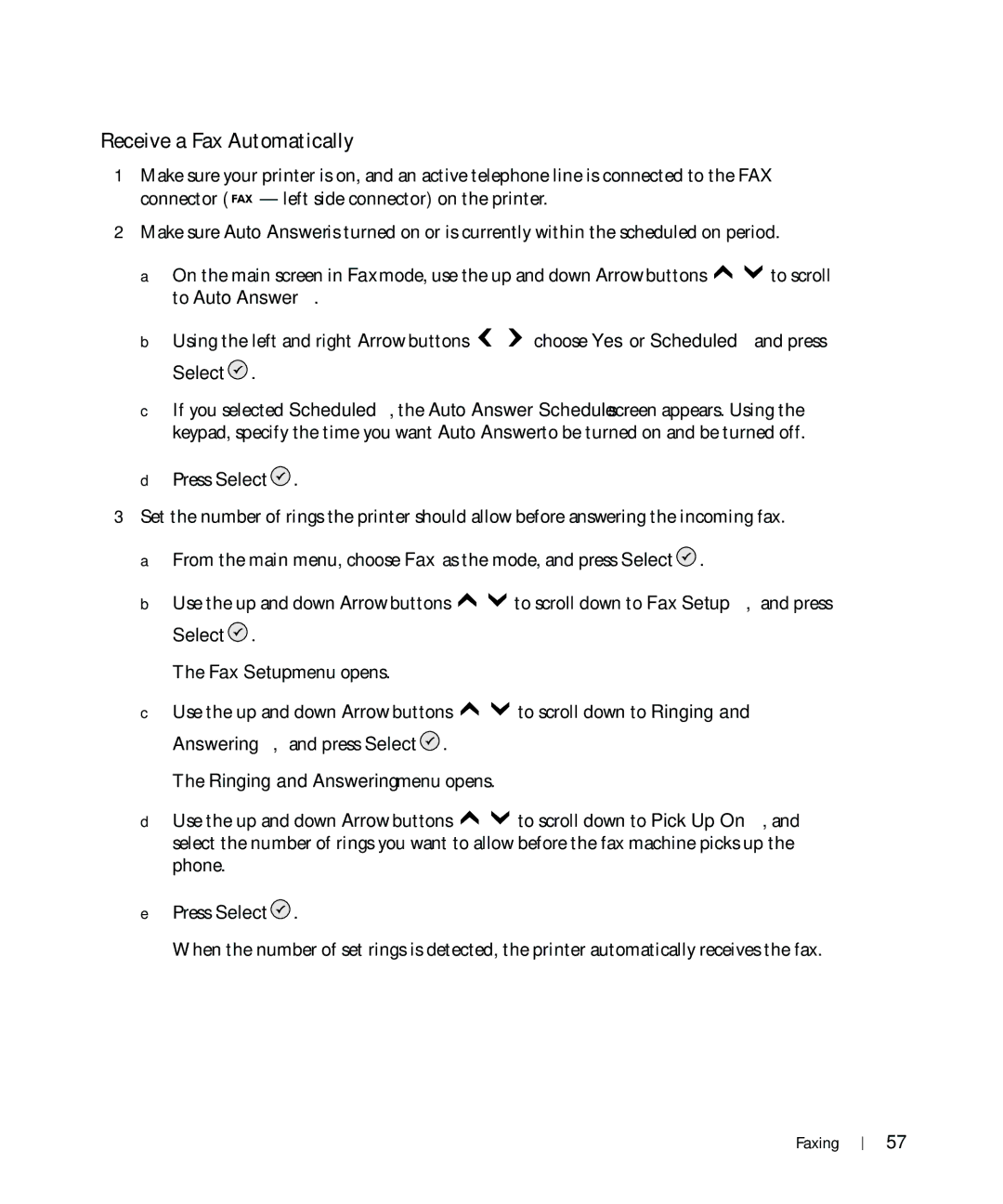 Dell 964 owner manual Receive a Fax Automatically, Select, Ringing and Answering menu opens 