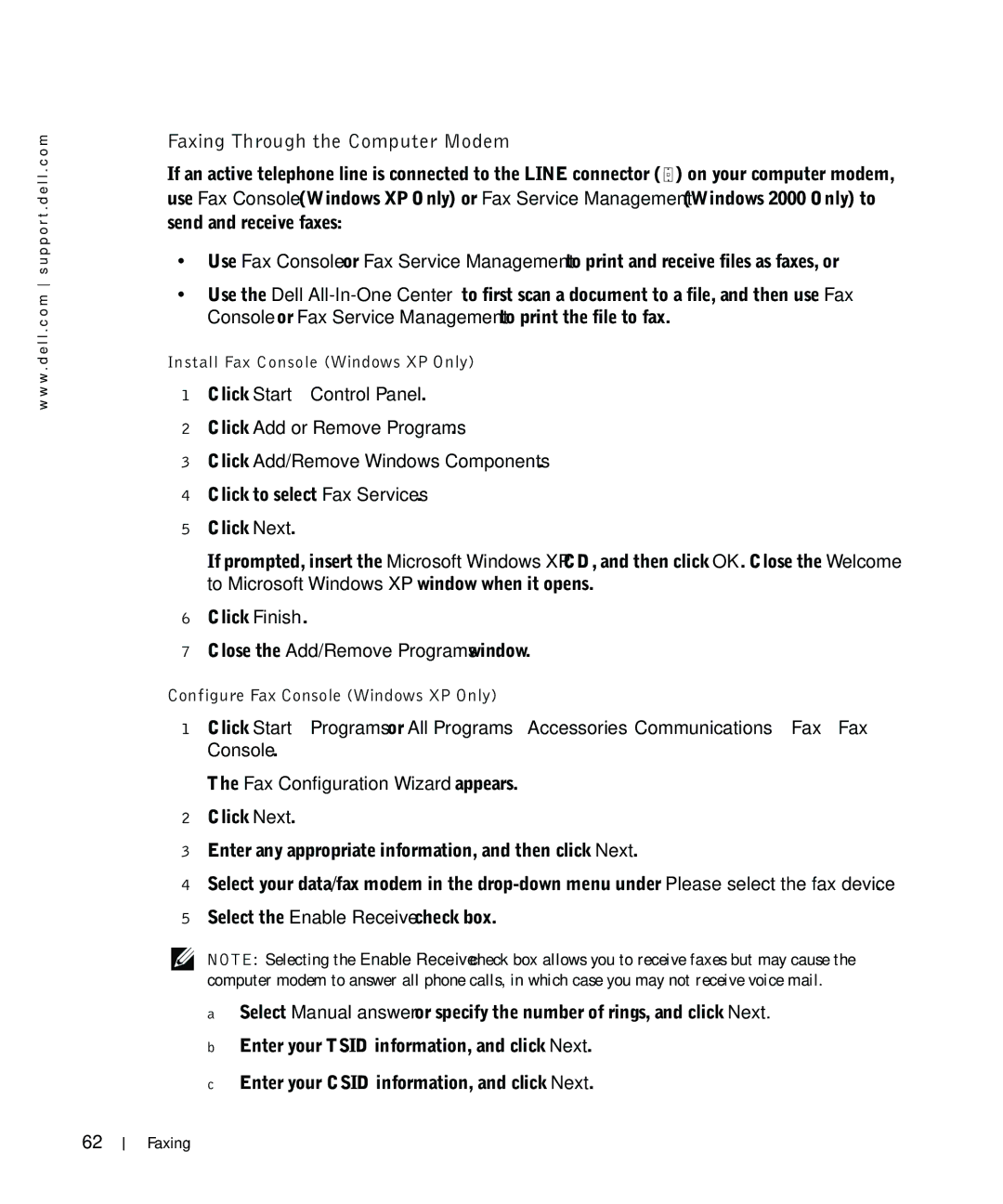 Dell 964 Faxing Through the Computer Modem, Close the Add/Remove Programs window, Configure Fax Console Windows XP Only 