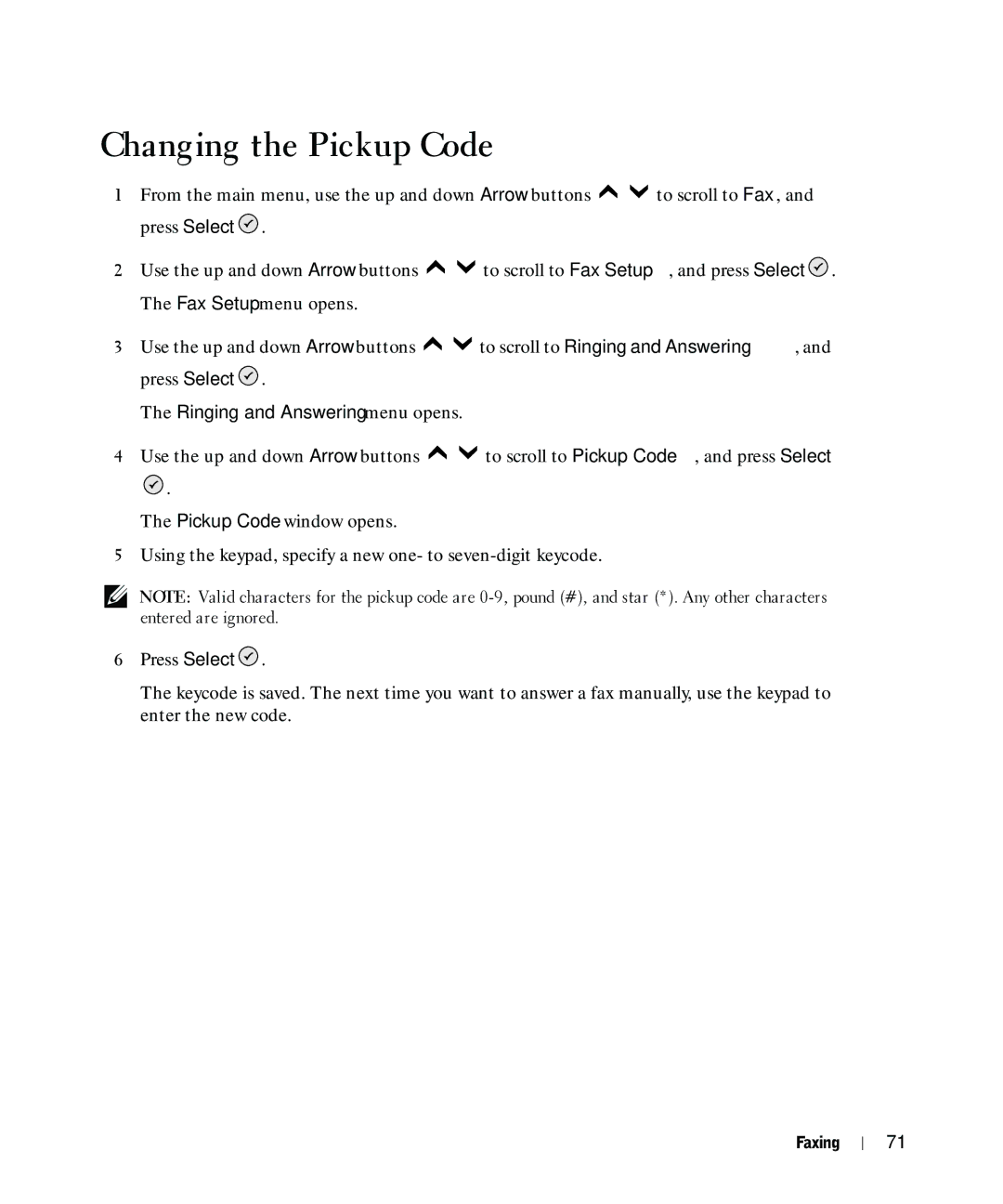 Dell 964 owner manual Changing the Pickup Code, Ringing and Answering menu opens 