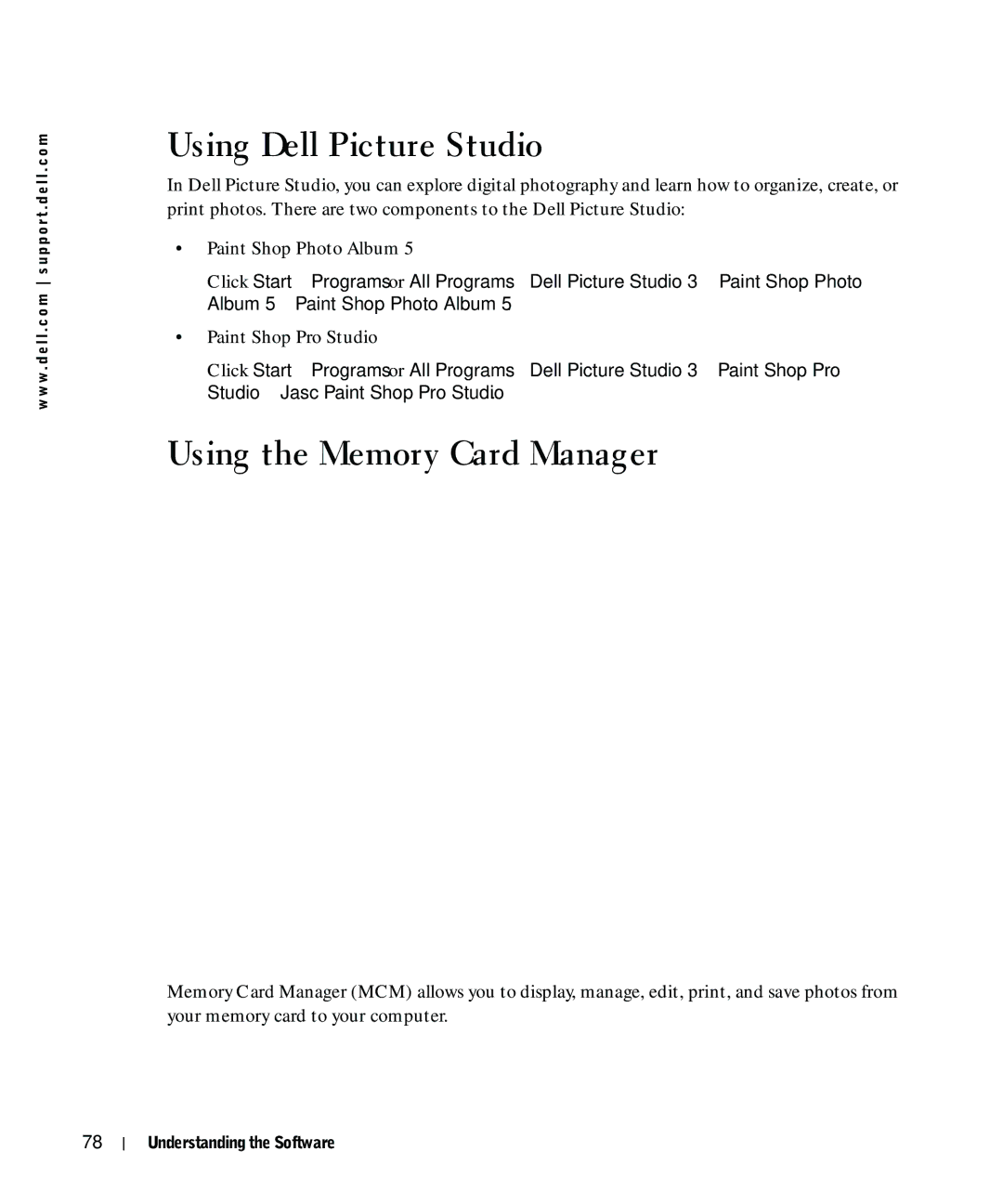 Dell 964 owner manual Using Dell Picture Studio, Using the Memory Card Manager, Paint Shop Pro Studio 