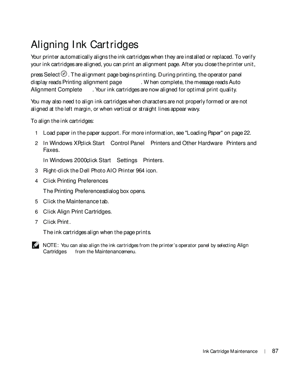 Dell 964 Aligning Ink Cartridges, Click Align Print Cartridges, Click Print Ink cartridges align when the page prints 