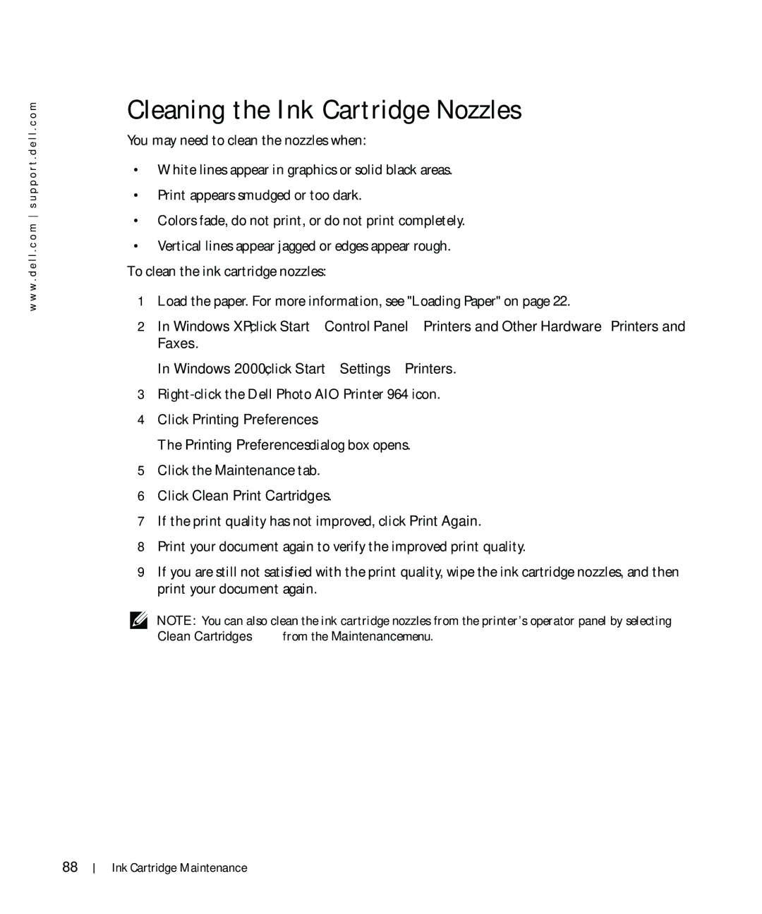 Dell 964 owner manual Cleaning the Ink Cartridge Nozzles, Click Clean Print Cartridges 