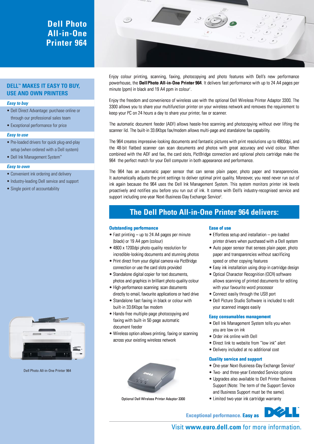Dell 964 warranty Dell Photo All-in-One Printer, Exceptional performance. Easy as, Easy to buy, Easy to use, Easy to own 
