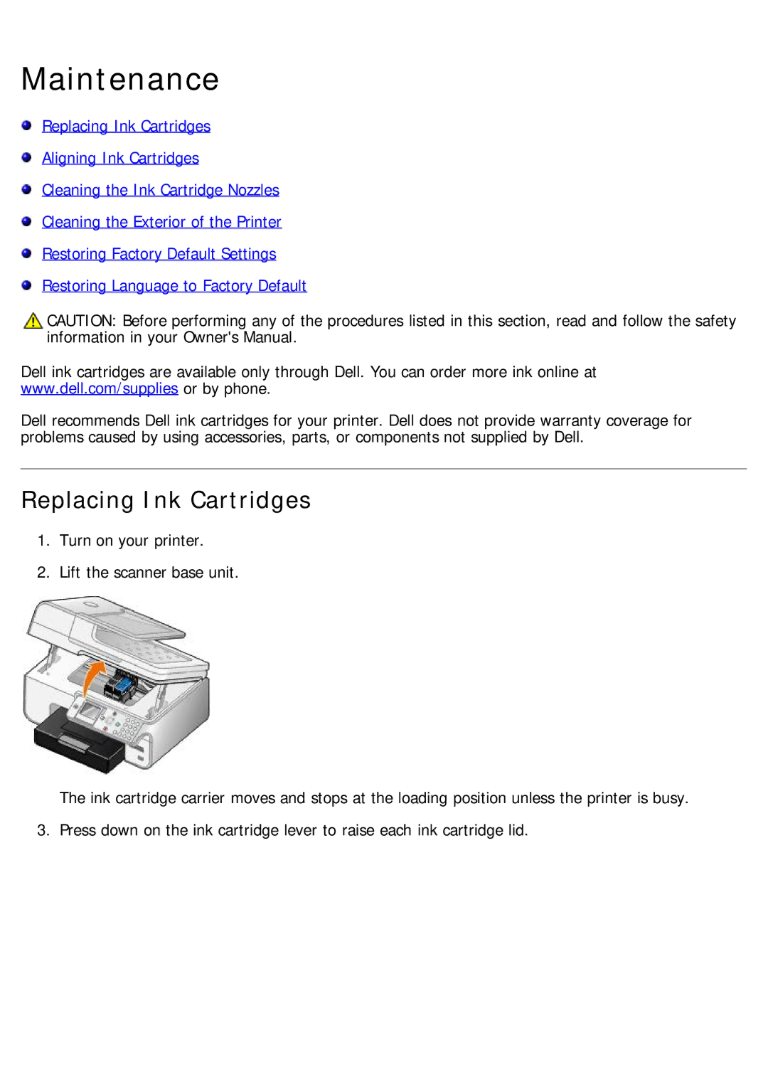 Dell 968 specifications Maintenance, Replacing Ink Cartridges 