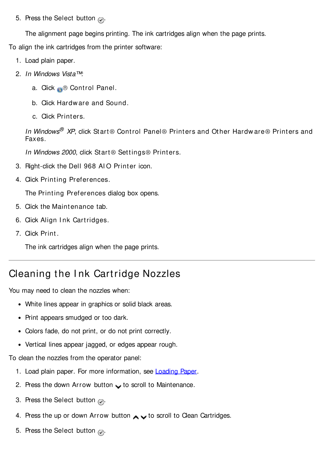 Dell 968 specifications Cleaning the Ink Cartridge Nozzles, Click Align Ink Cartridges 