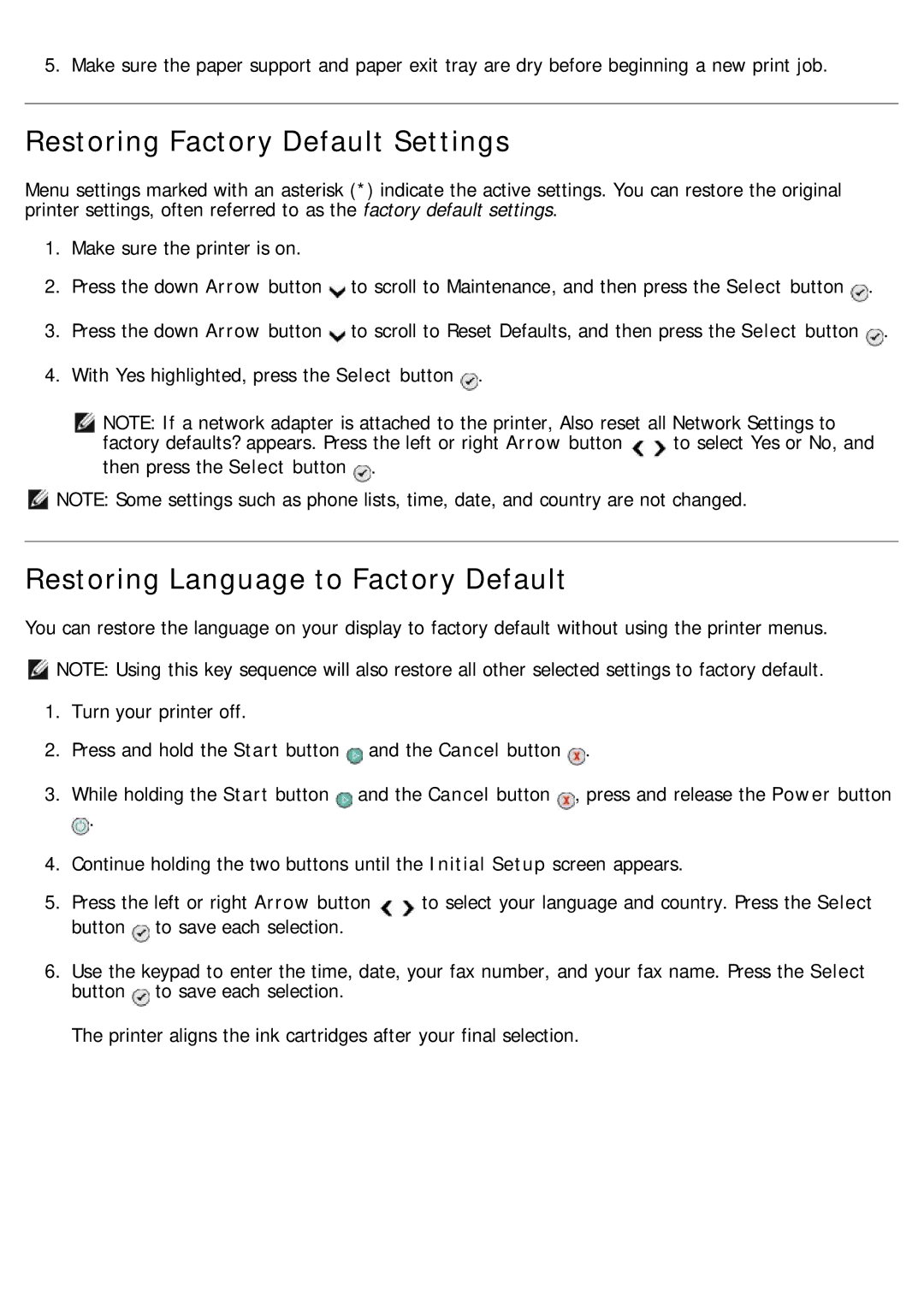 Dell 968 specifications Restoring Factory Default Settings, Restoring Language to Factory Default 