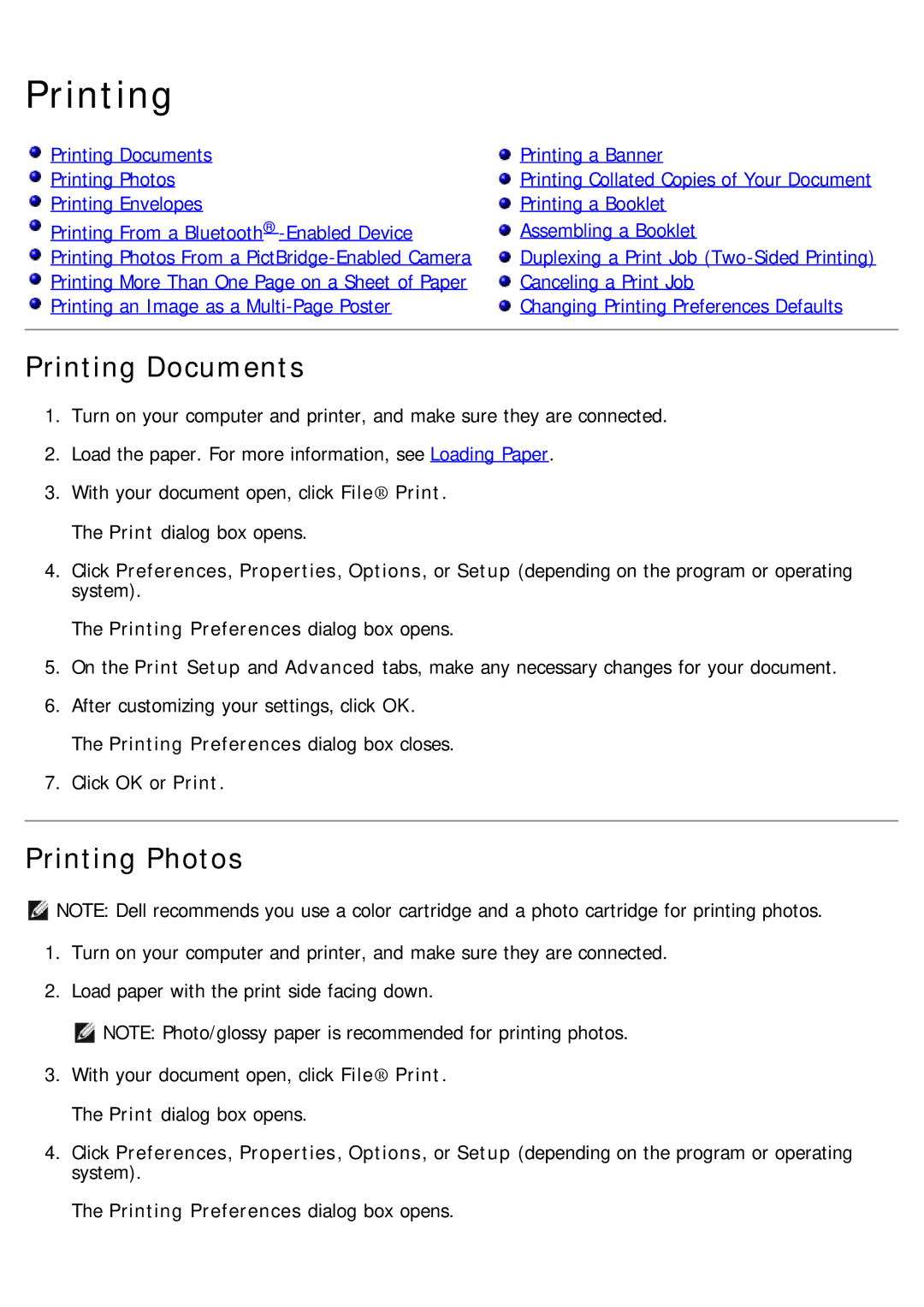 Dell 968 specifications Printing Documents, Printing Photos 