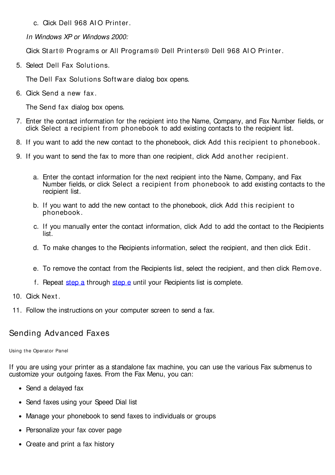 Dell 968 specifications Sending Advanced Faxes 