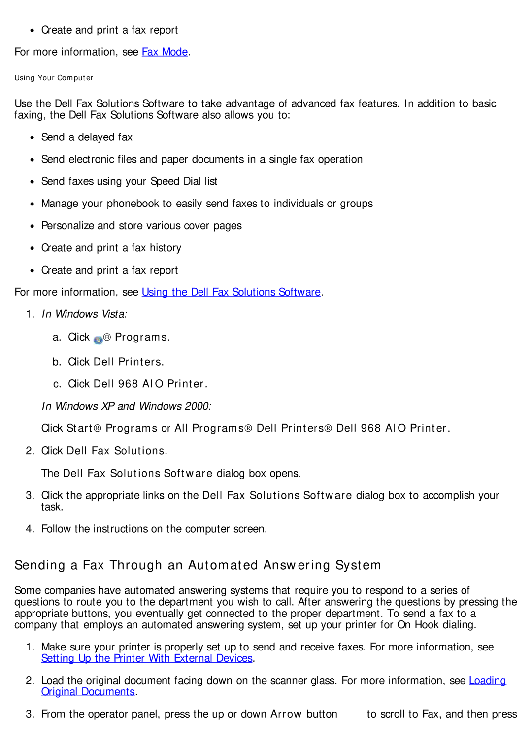 Dell 968 specifications Sending a Fax Through an Automated Answering System 