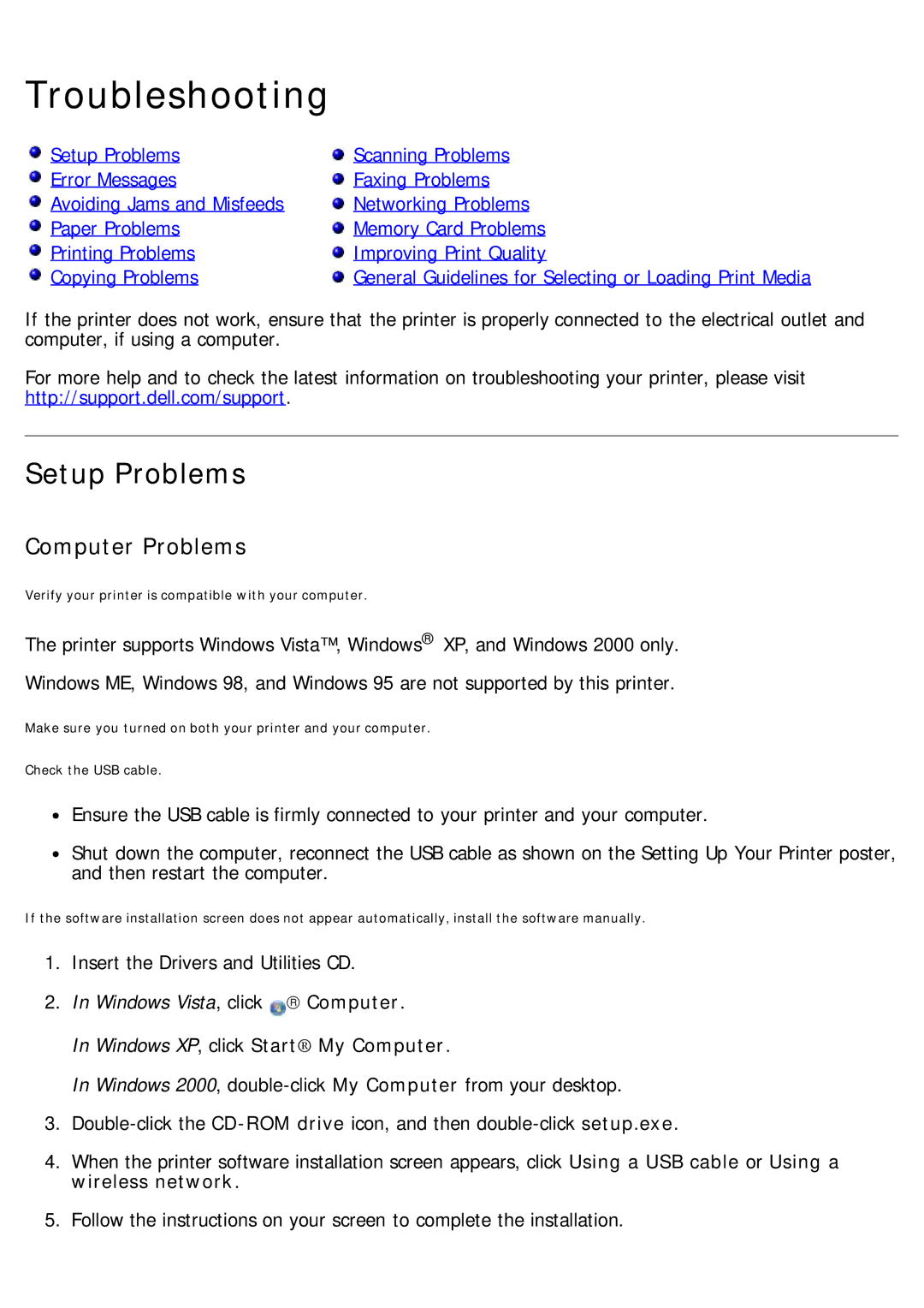 Dell 968 specifications Troubleshooting, Setup Problems, Computer Problems, Windows XP , click Start My Computer 