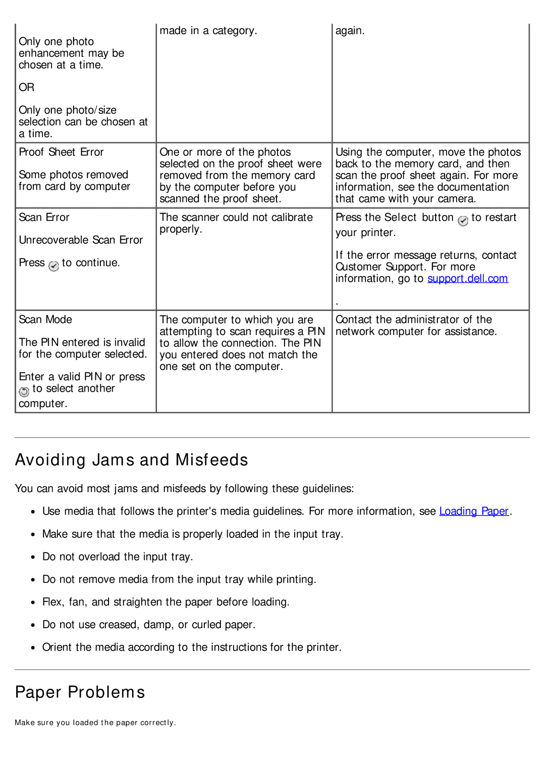 Dell 968 specifications Avoiding Jams and Misfeeds, Paper Problems 