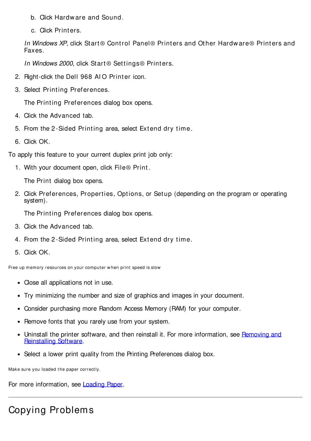 Dell 968 specifications Copying Problems, From the 2-Sided Printing area, select Extend dry time 
