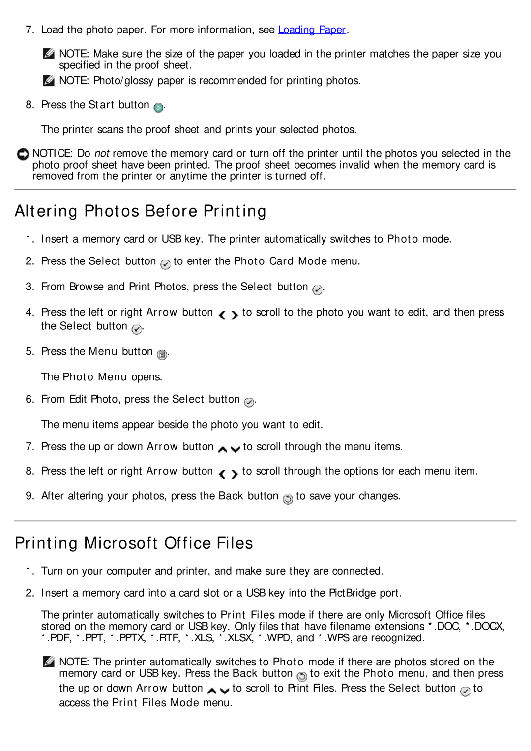 Dell 968 specifications Altering Photos Before Printing, Printing Microsoft Office Files, Photo Menu opens 