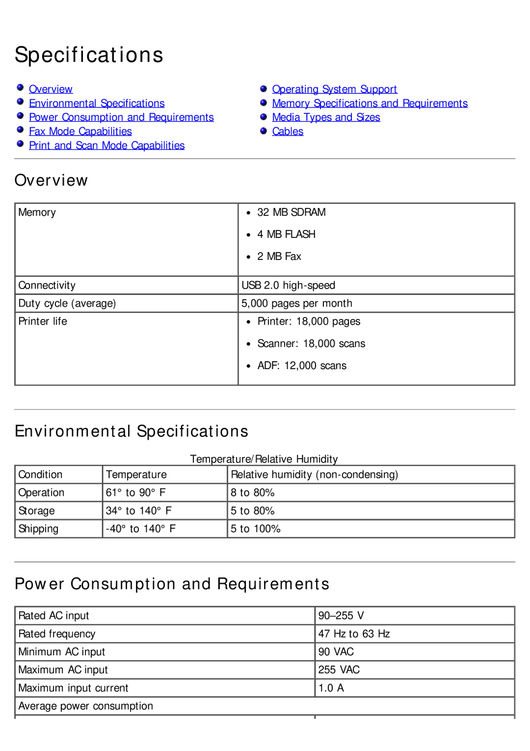 Dell 968 specifications Overview, Environmental Specifications, Power Consumption and Requirements 