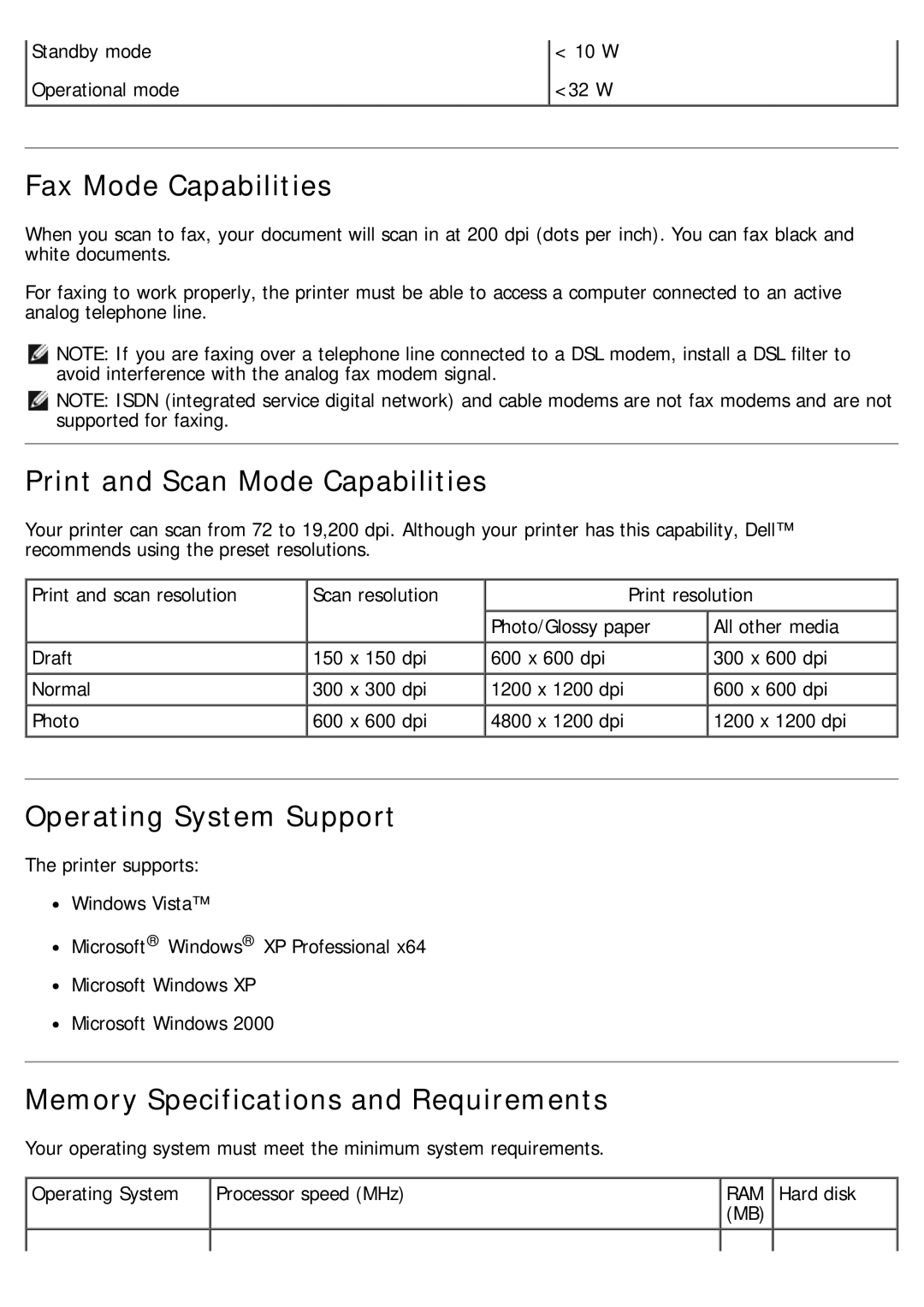 Dell 968 specifications Fax Mode Capabilities, Print and Scan Mode Capabilities, Operating System Support 