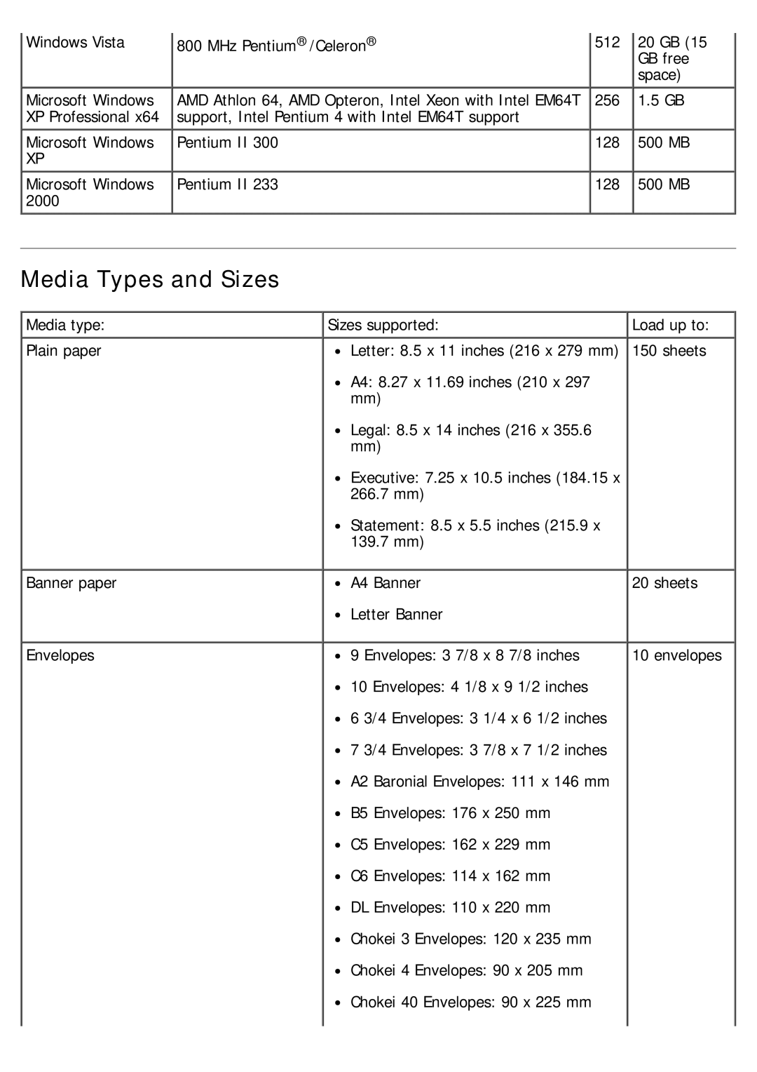 Dell 968 specifications Media Types and Sizes 