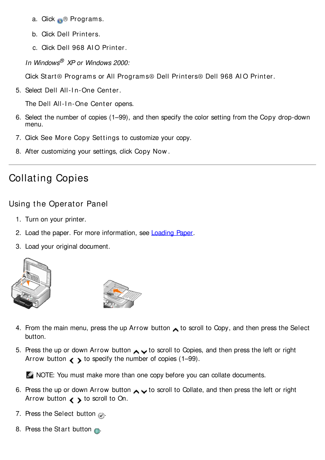 Dell specifications Collating Copies, Click Dell Printers Click Dell 968 AIO Printer 