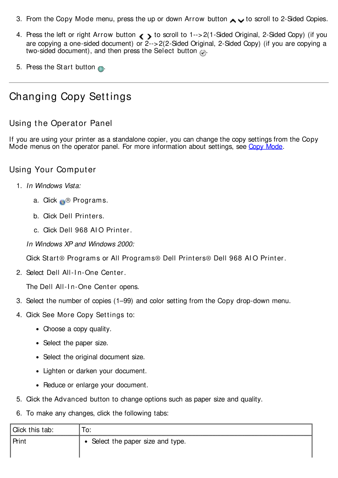 Dell 968 specifications Changing Copy Settings, Click See More Copy Settings to 