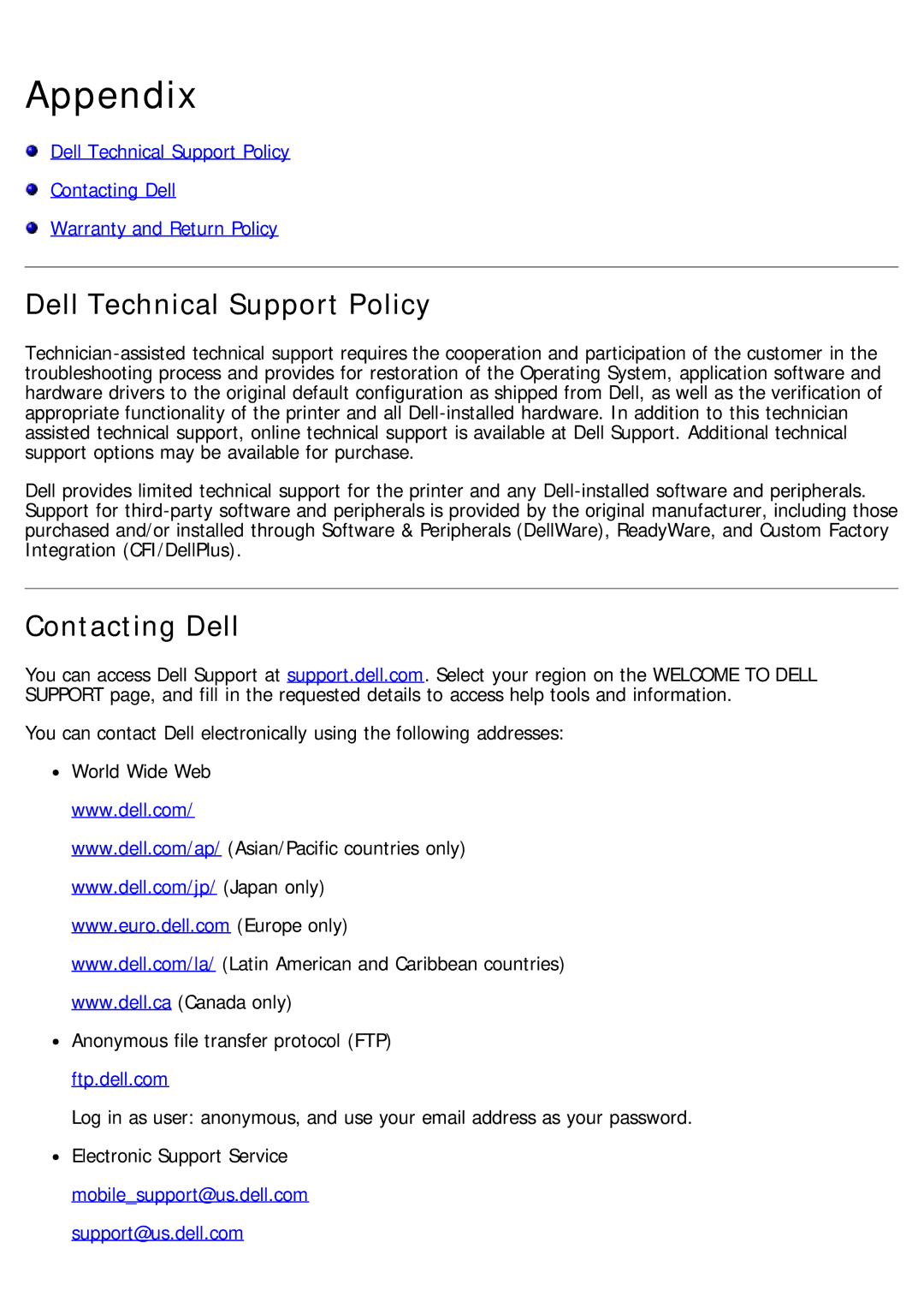 Dell 968 specifications Appendix, Dell Technical Support Policy, Contacting Dell, Ftp.dell.com 