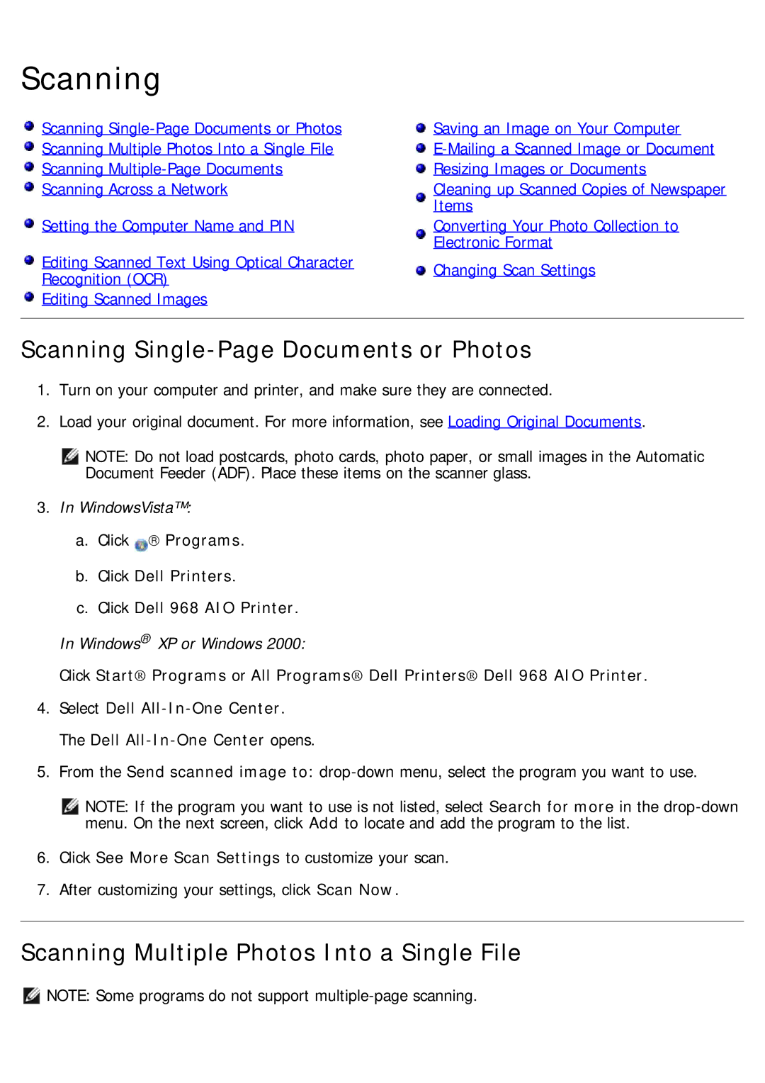 Dell 968 specifications Scanning Single-Page Documents or Photos, Scanning Multiple Photos Into a Single File 