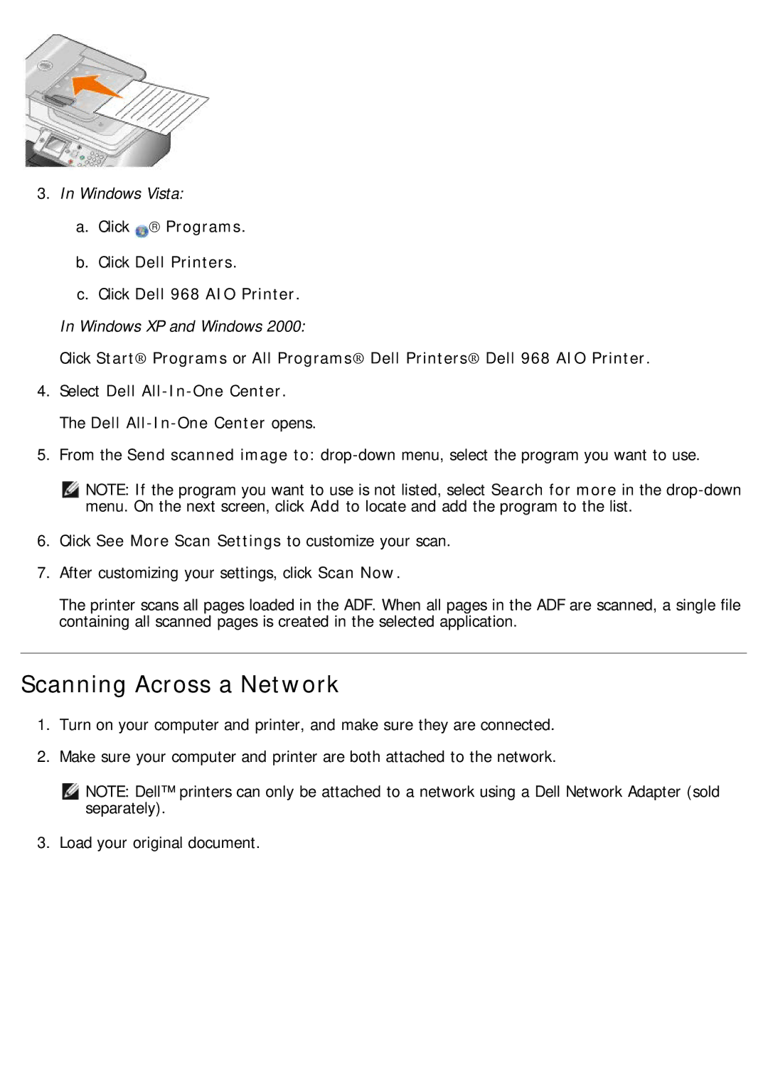 Dell 968 specifications Scanning Across a Network 