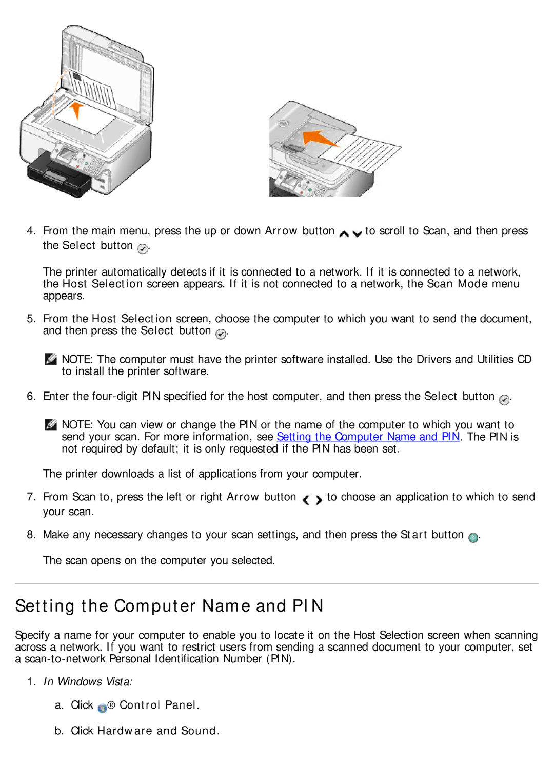 Dell 968 specifications Setting the Computer Name and PIN, Click Control Panel Click Hardware and Sound 