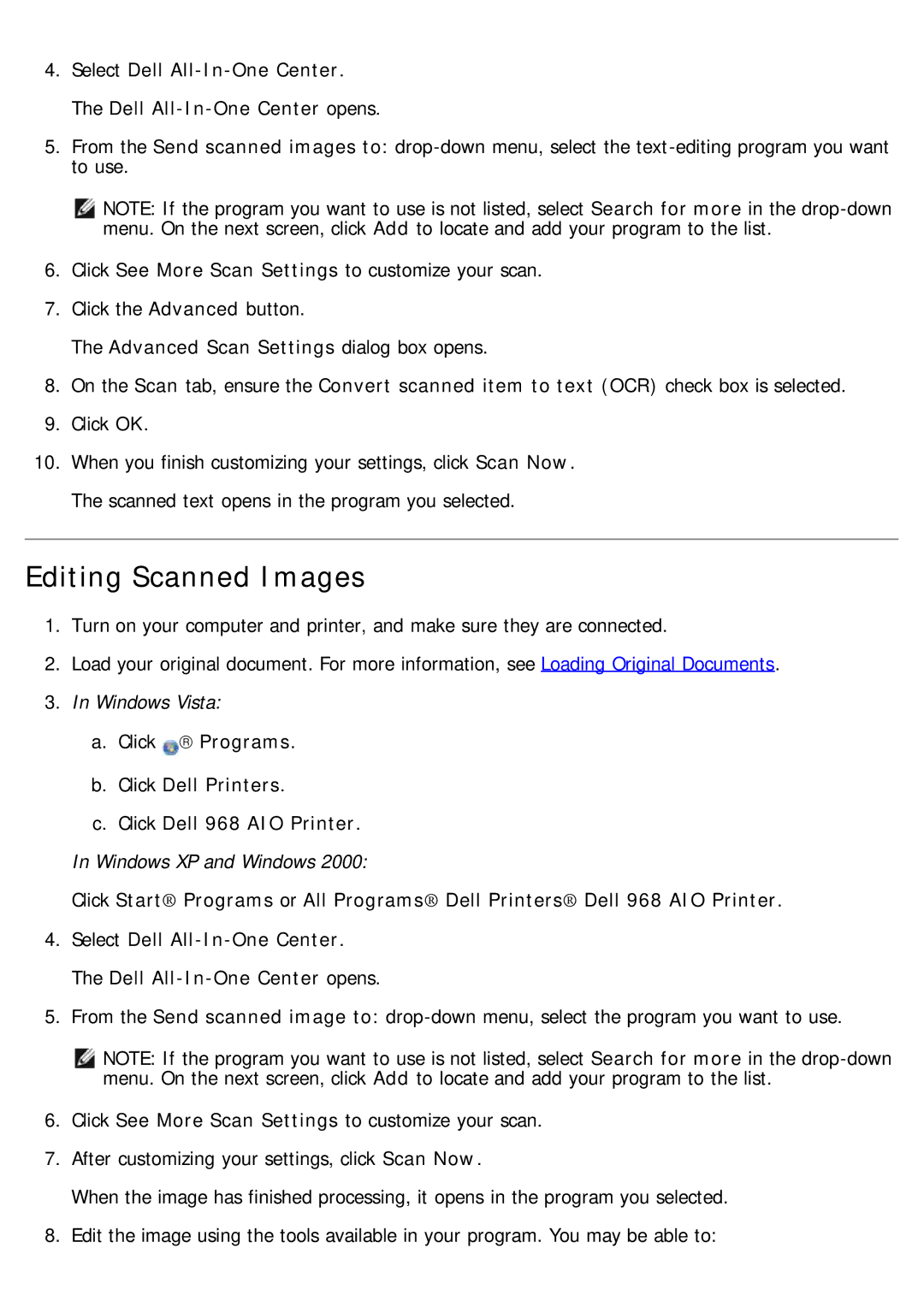 Dell 968 specifications Editing Scanned Images, Advanced Scan Settings dialog box opens 