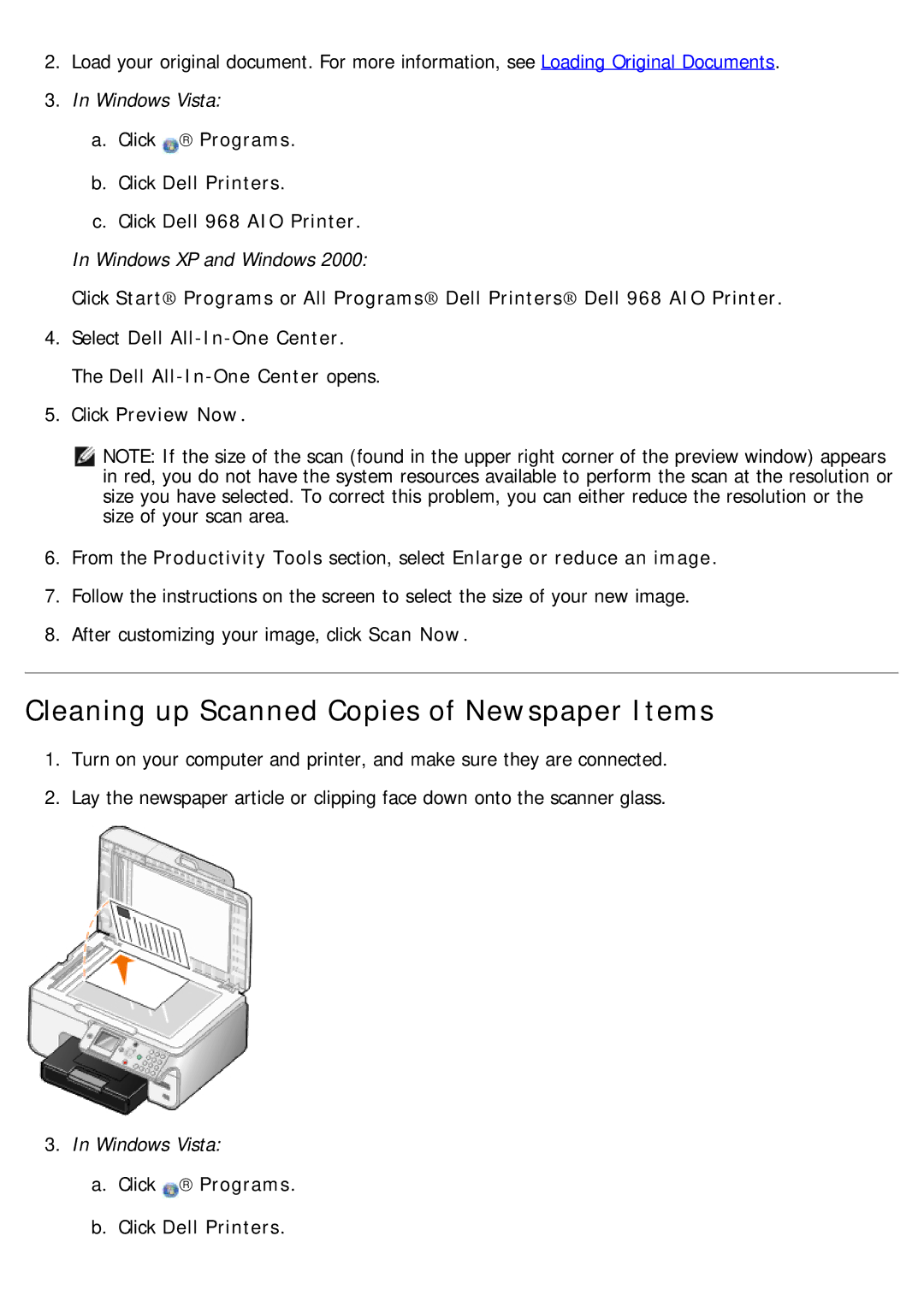 Dell 968 specifications Cleaning up Scanned Copies of Newspaper Items, Click → Programs Click Dell Printers 