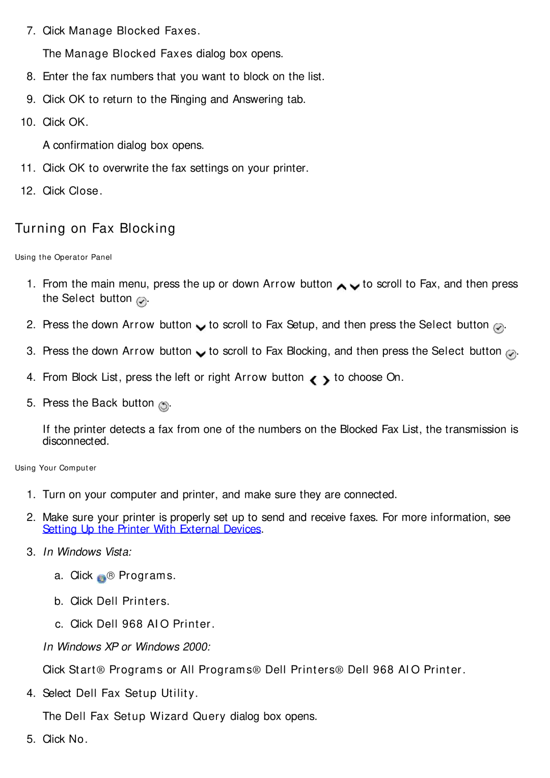 Dell 968 specifications Turning on Fax Blocking, Click Manage Blocked Faxes 